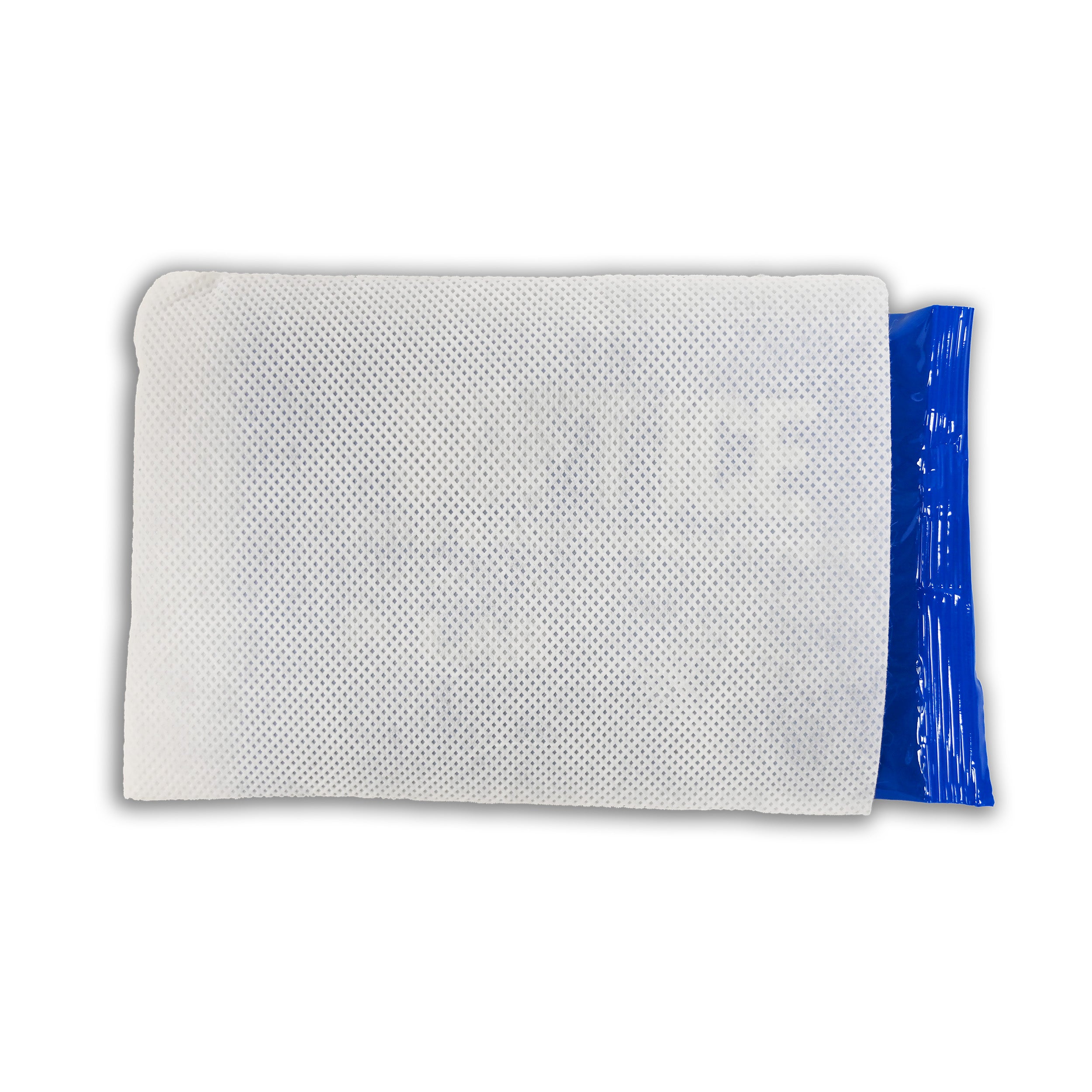 A rectangular white fabric cover with a blue Soft Ice® cold/hot therapy pack inside, shown against a plain white background.