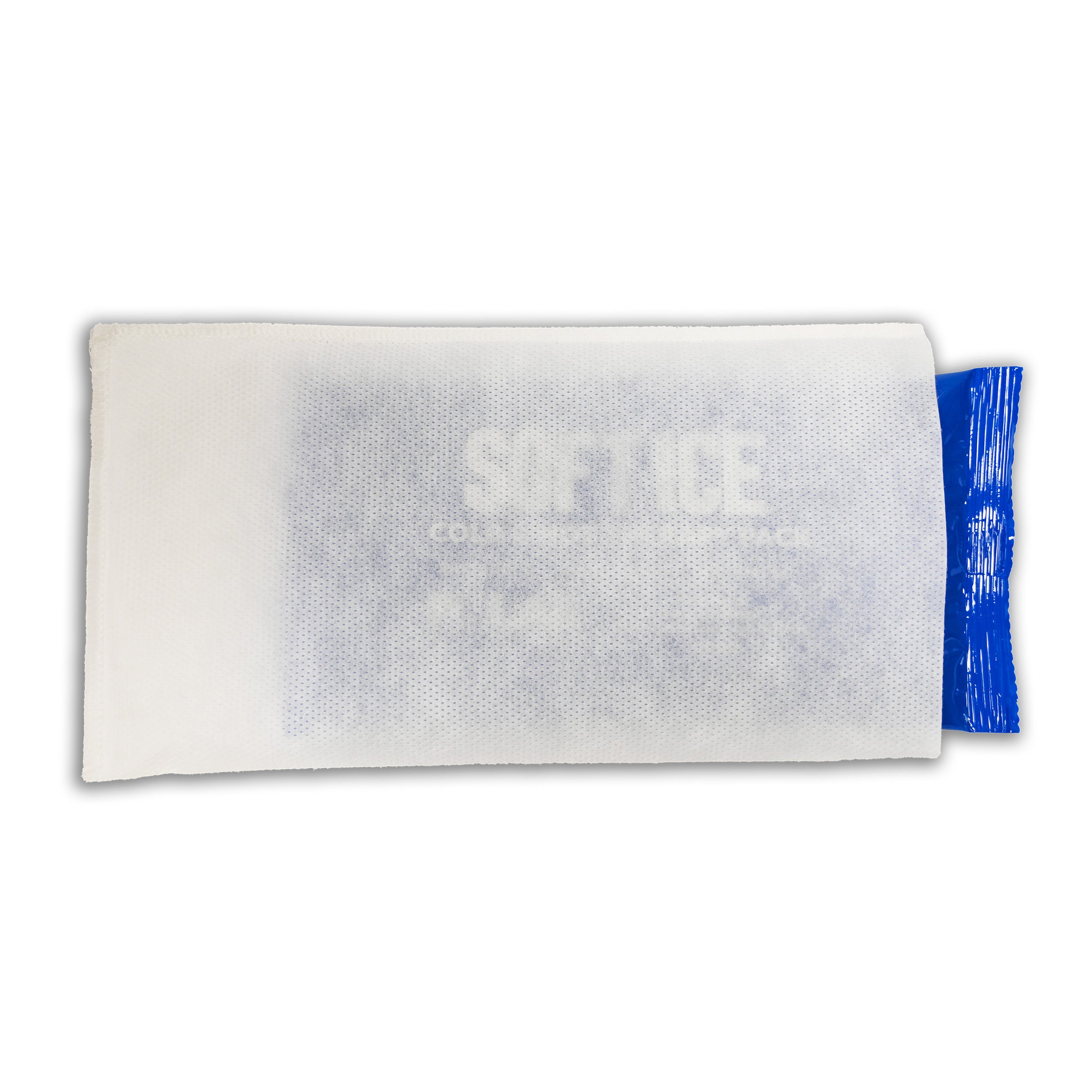 A rectangular white fabric cover with a blue Soft Ice® cold/hot therapy pack inside, shown against a plain white background.