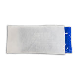 A rectangular white fabric cover with a blue Soft Ice® cold/hot therapy pack inside, shown against a plain white background.
