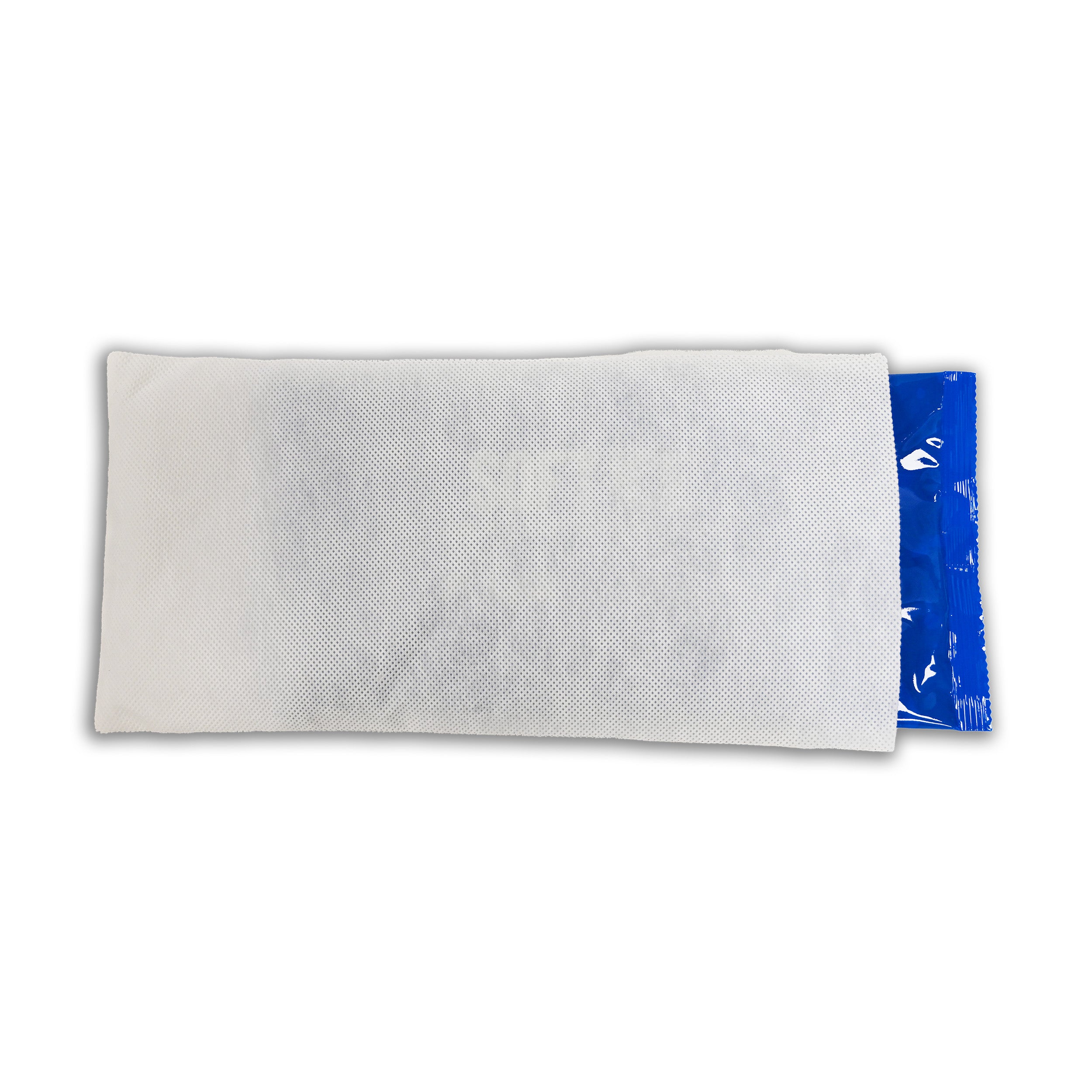 A rectangular white fabric cover with a blue Soft Ice® cold/hot therapy pack inside, shown against a plain white background.