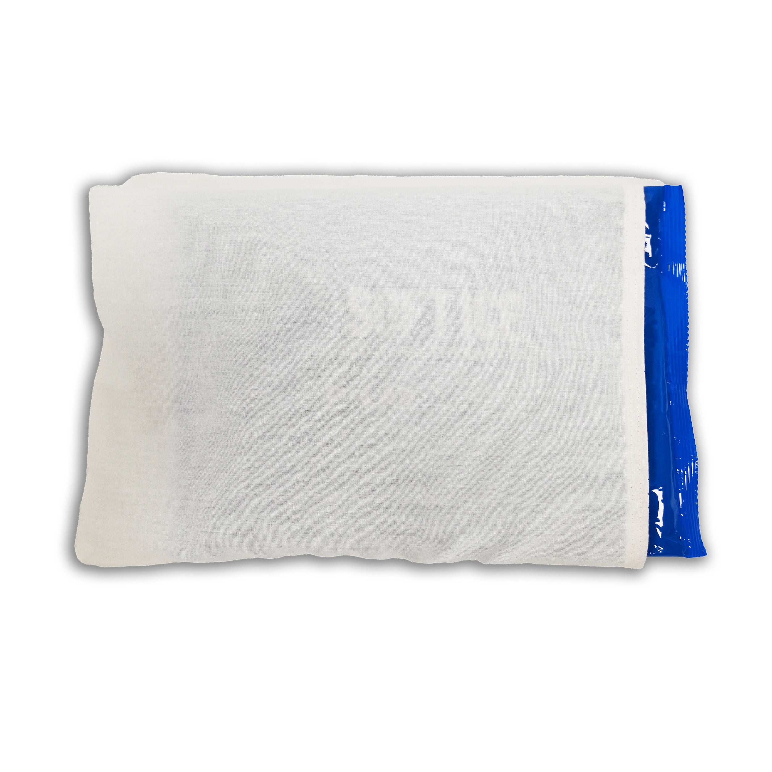 A rectangular white fabric cover with a blue Soft Ice® cold/hot therapy pack inside, shown against a plain white background.