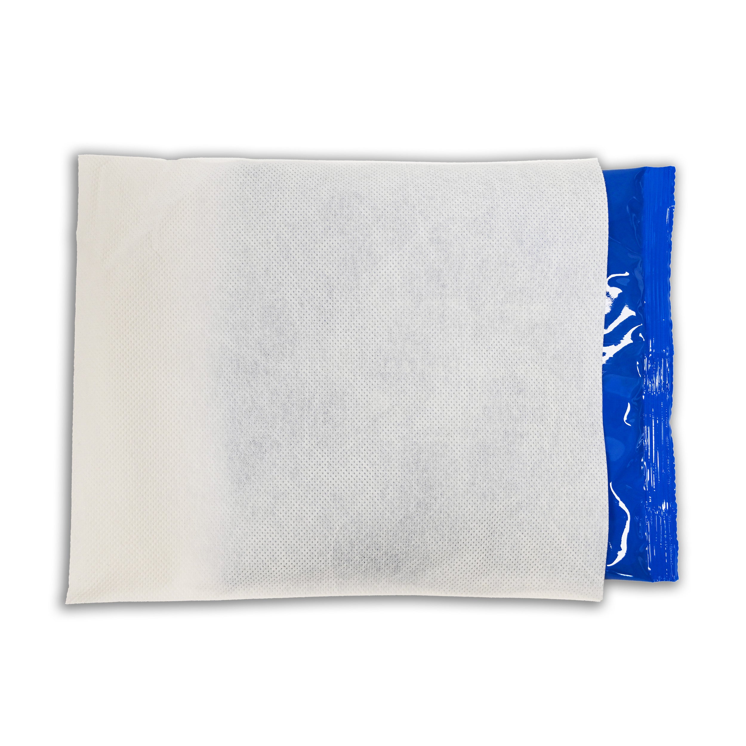 A rectangular white fabric cover with a blue Soft Ice® cold/hot therapy pack inside, shown against a plain white background.