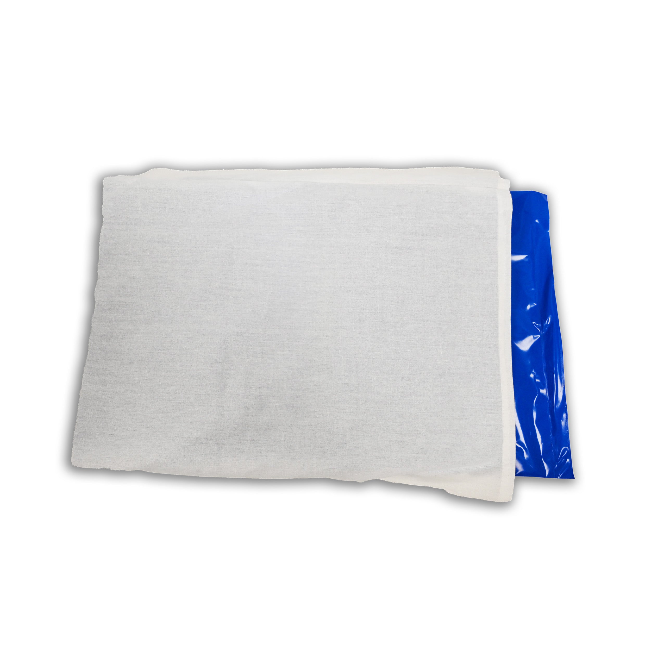 A rectangular white fabric cover with a blue Soft Ice® cold/hot therapy pack inside, shown against a plain white background.