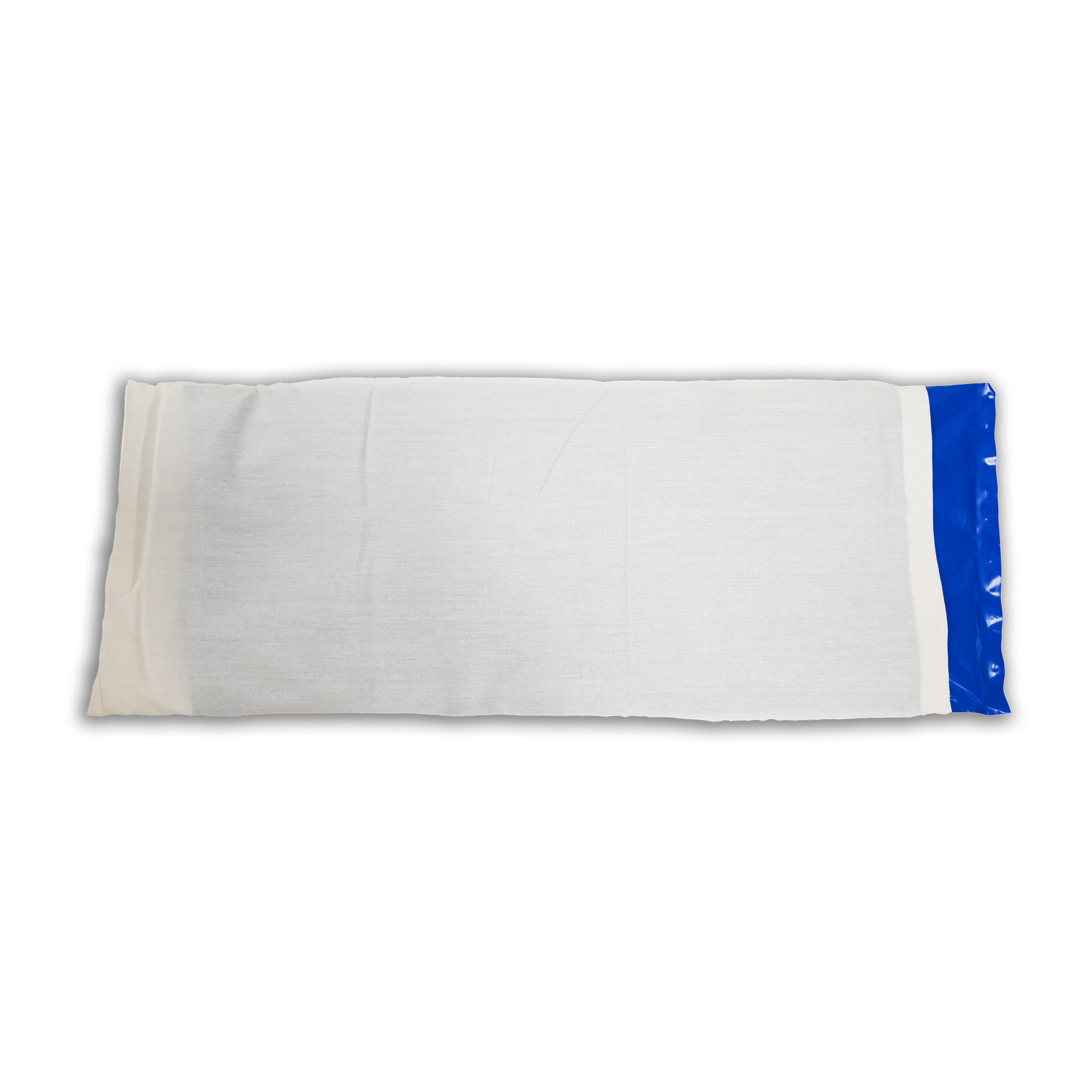 A rectangular white fabric cover with a blue Soft Ice® cold/hot therapy pack inside, shown against a plain white background.