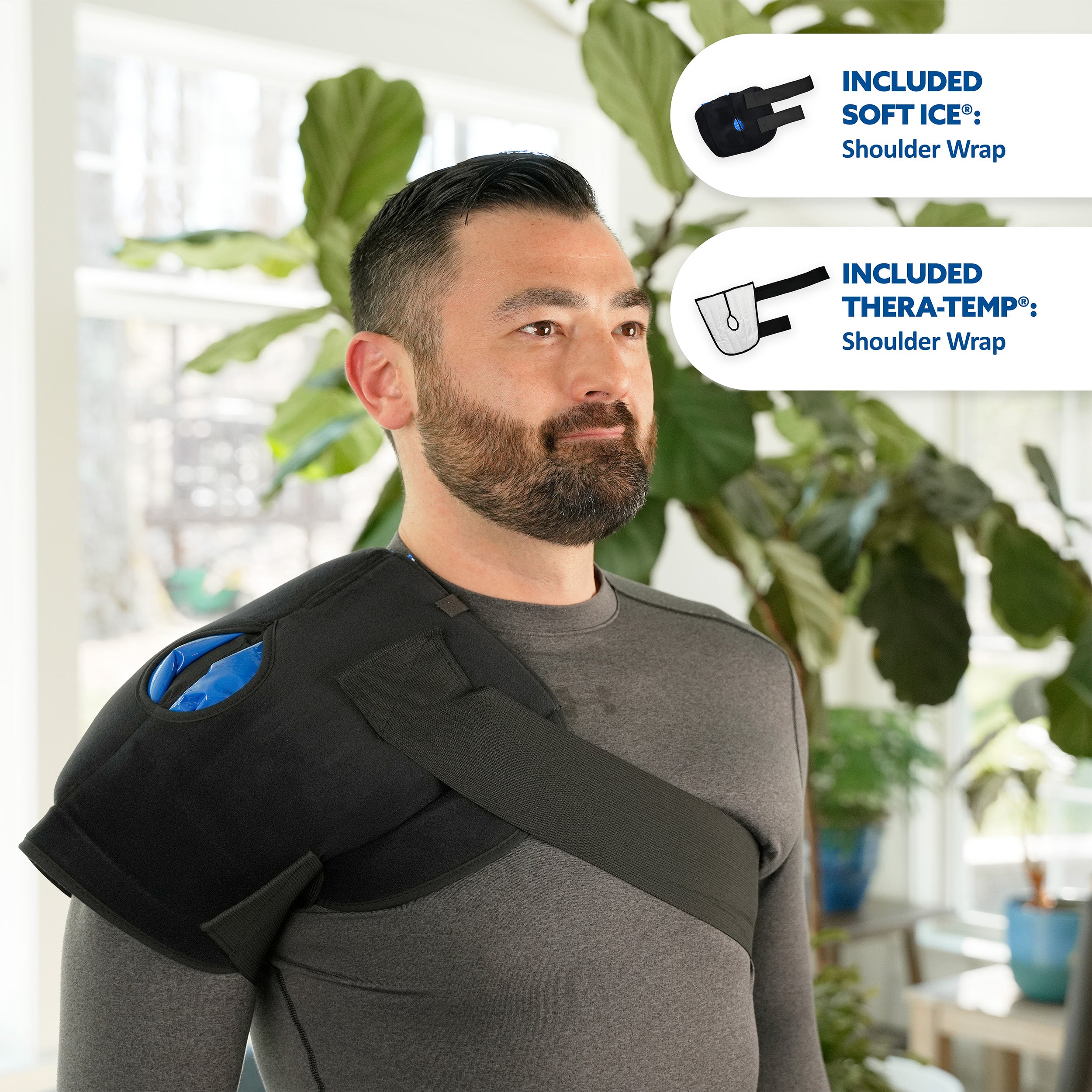A man wearing a black Soft Ice® Shoulder wrap with a blue ice pocket over his shoulder, standing indoors near large green plants. Two callout bubbles on the right show included accessories: a Soft Ice shoulder wrap and a Thera-Temp shoulder wrap.