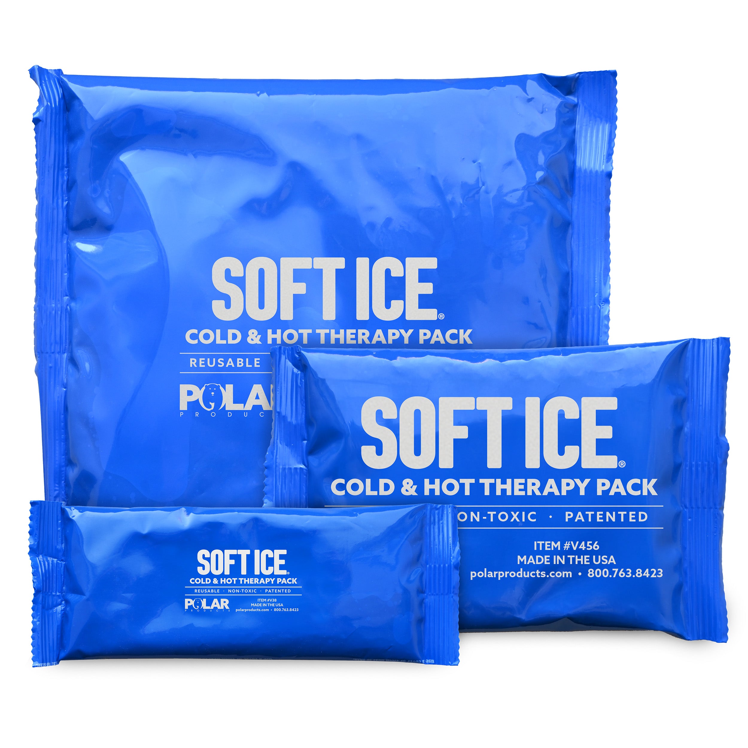 Multiple blue Soft Ice® cold & hot therapy packs on a white background