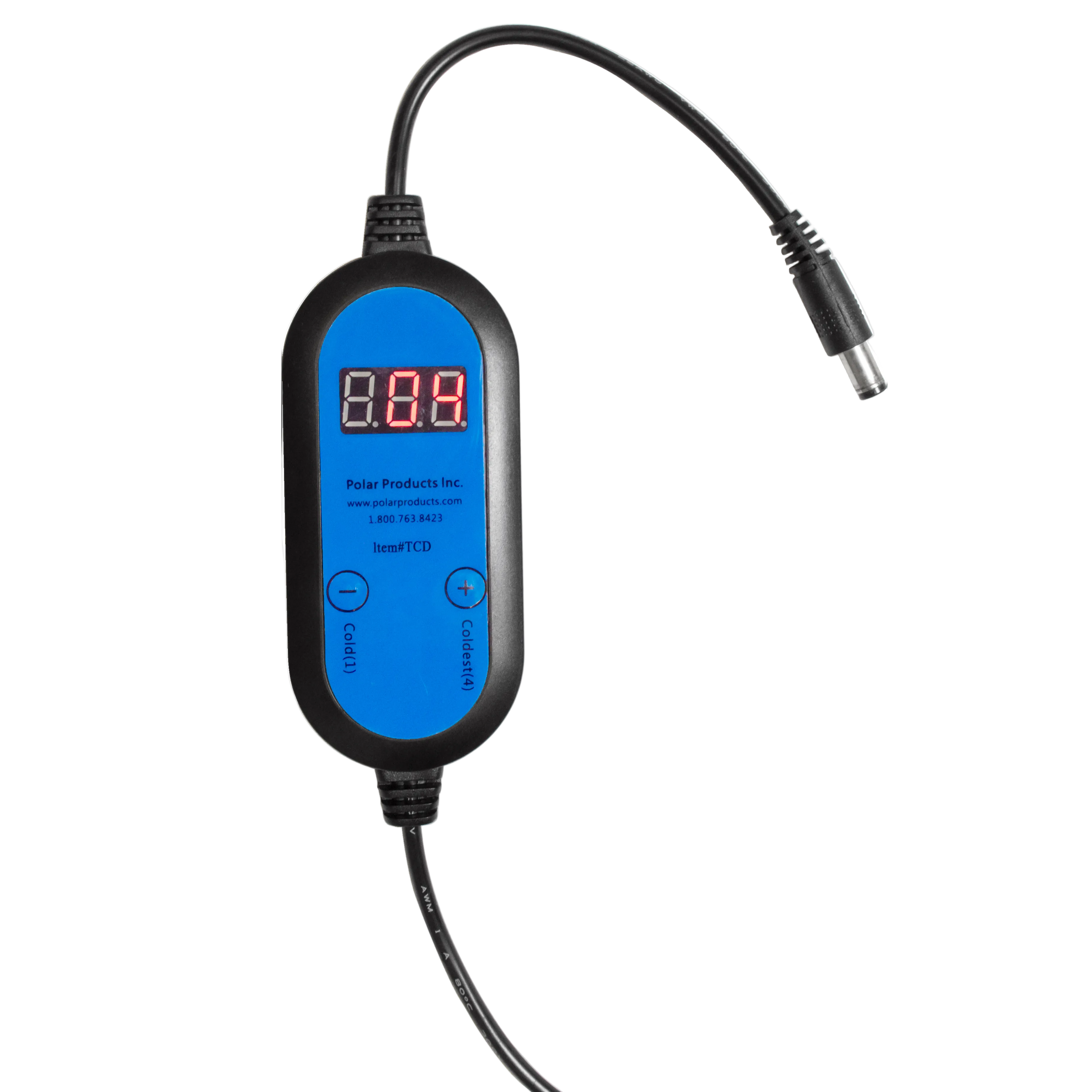 A black and blue electronic controller with a digital LED display showing '0.4' in red, labeled with 'Polar Products Inc' and 'TCD'.