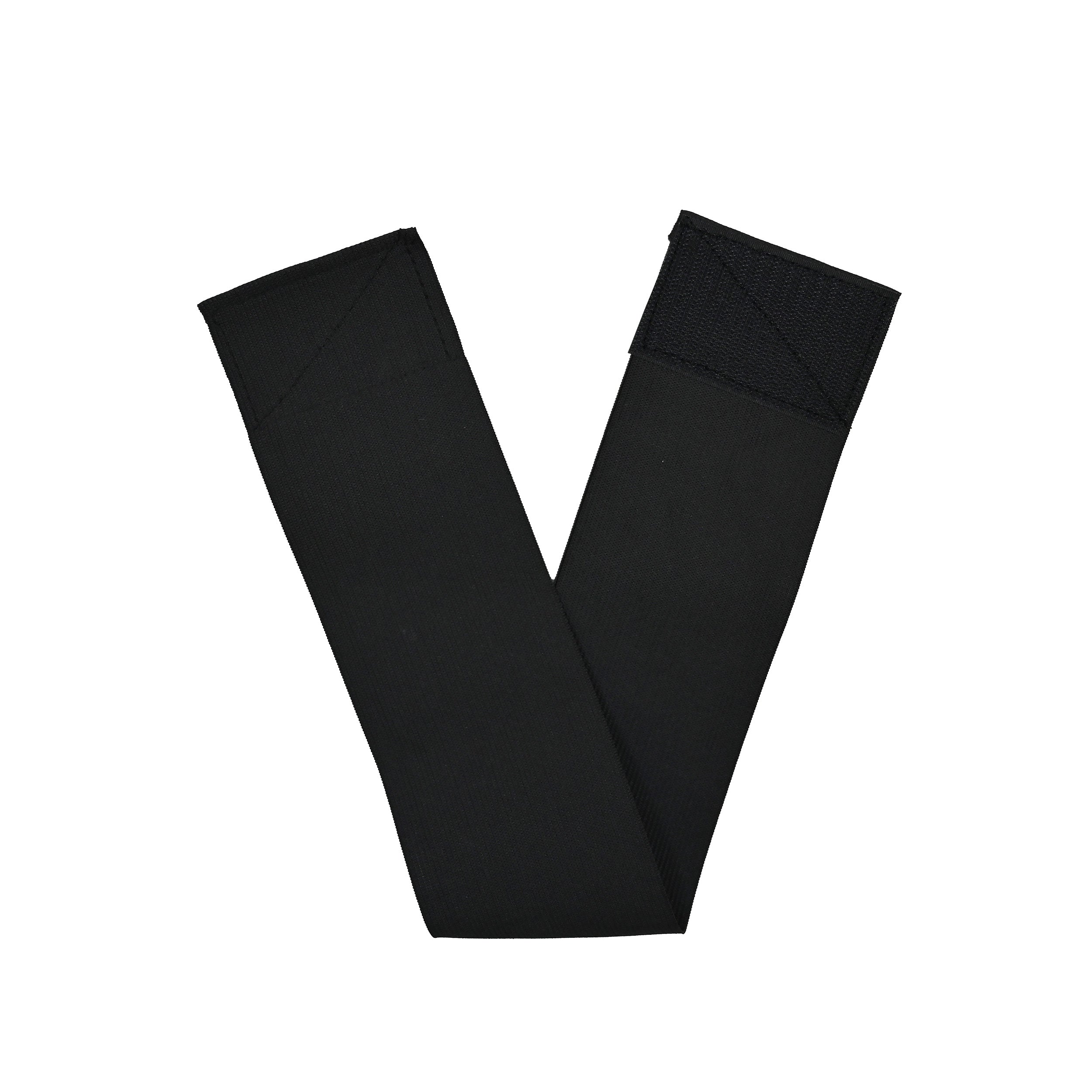 Black elastic and velcro® belt or strap on a white background.