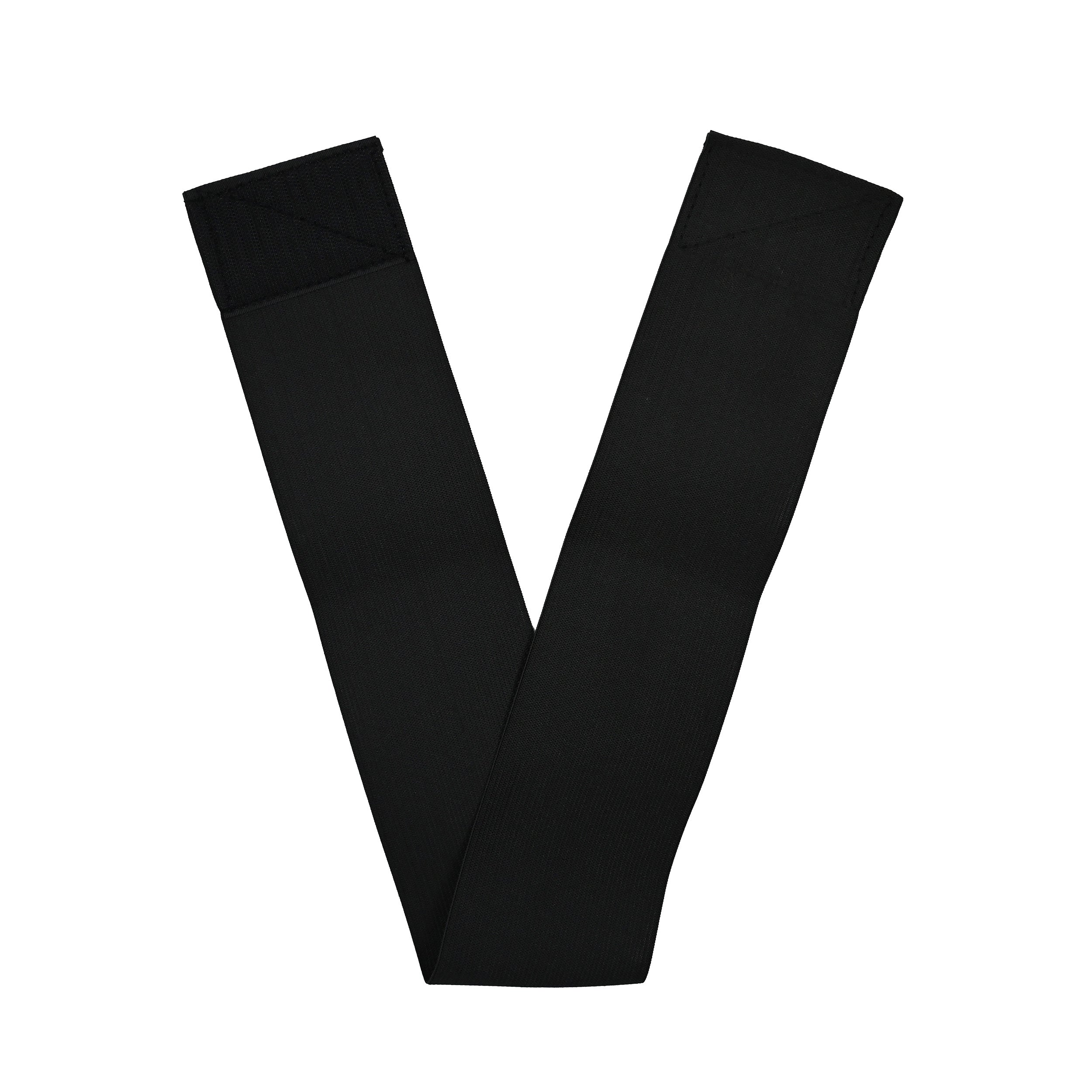 Black elastic and velcro® belt or strap on a white background.