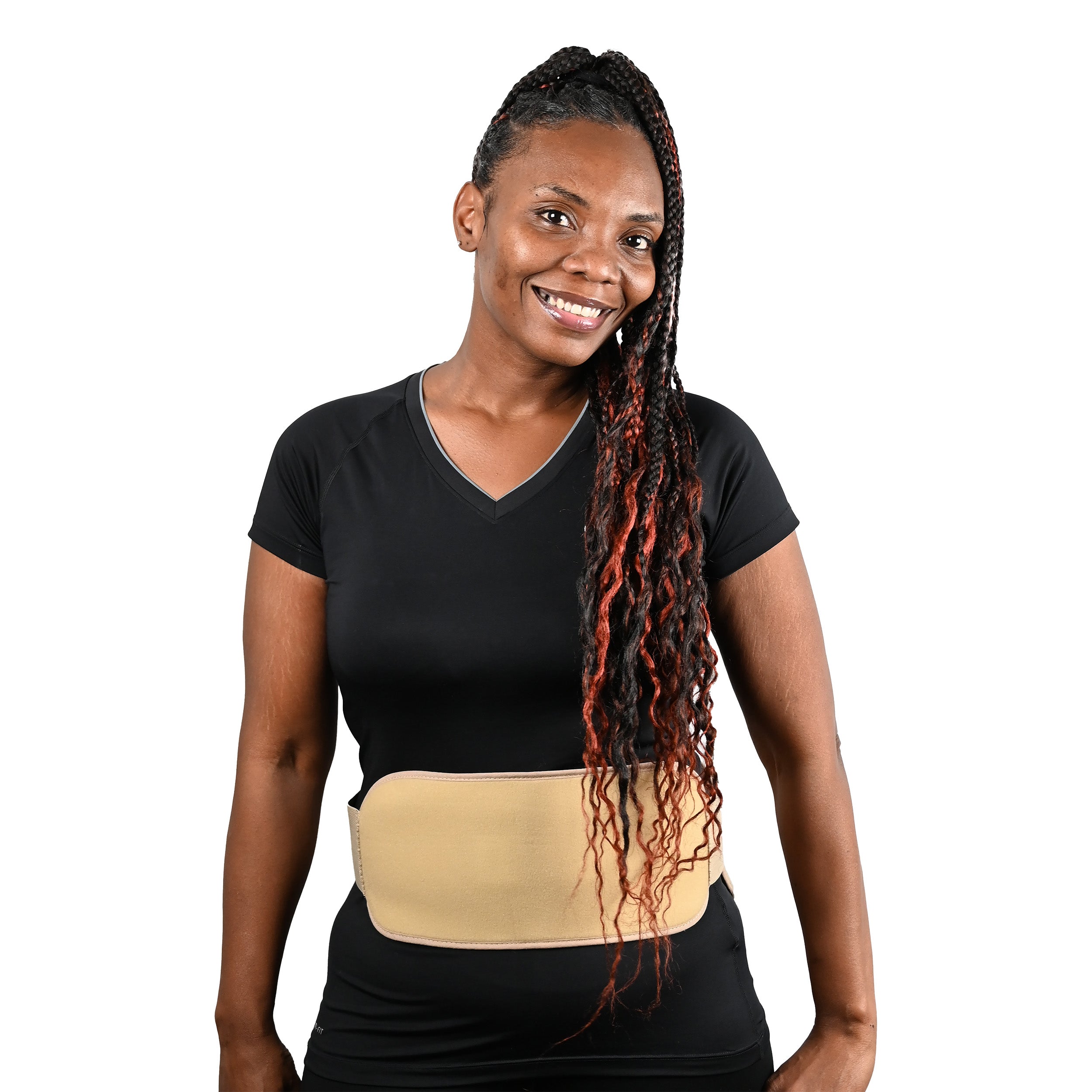 A woman with long black and red braids wearing a beige torso cooling belt her abdomen, shown against a plain white background.