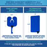 Comparison chart of two blue Active Ice® Universal Cold therapy pads with dimensions and descriptions on a blue background.