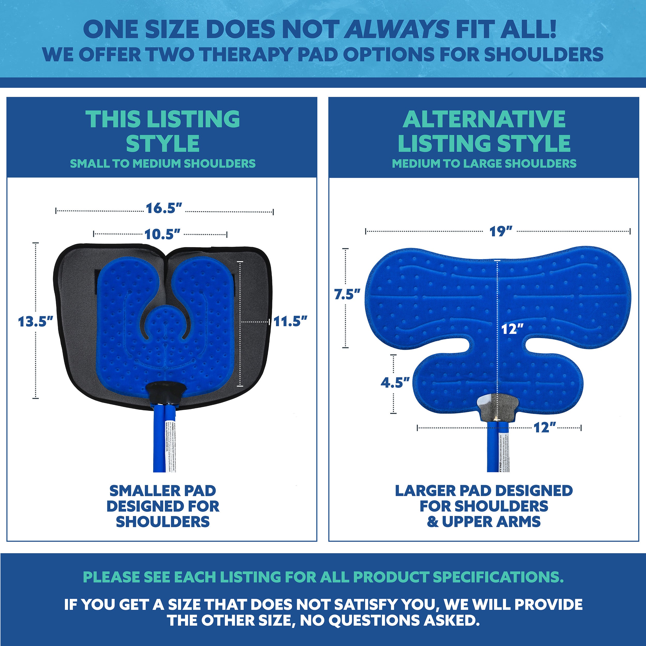 Comparison chart of two therapy pad options for shoulders with measurements.