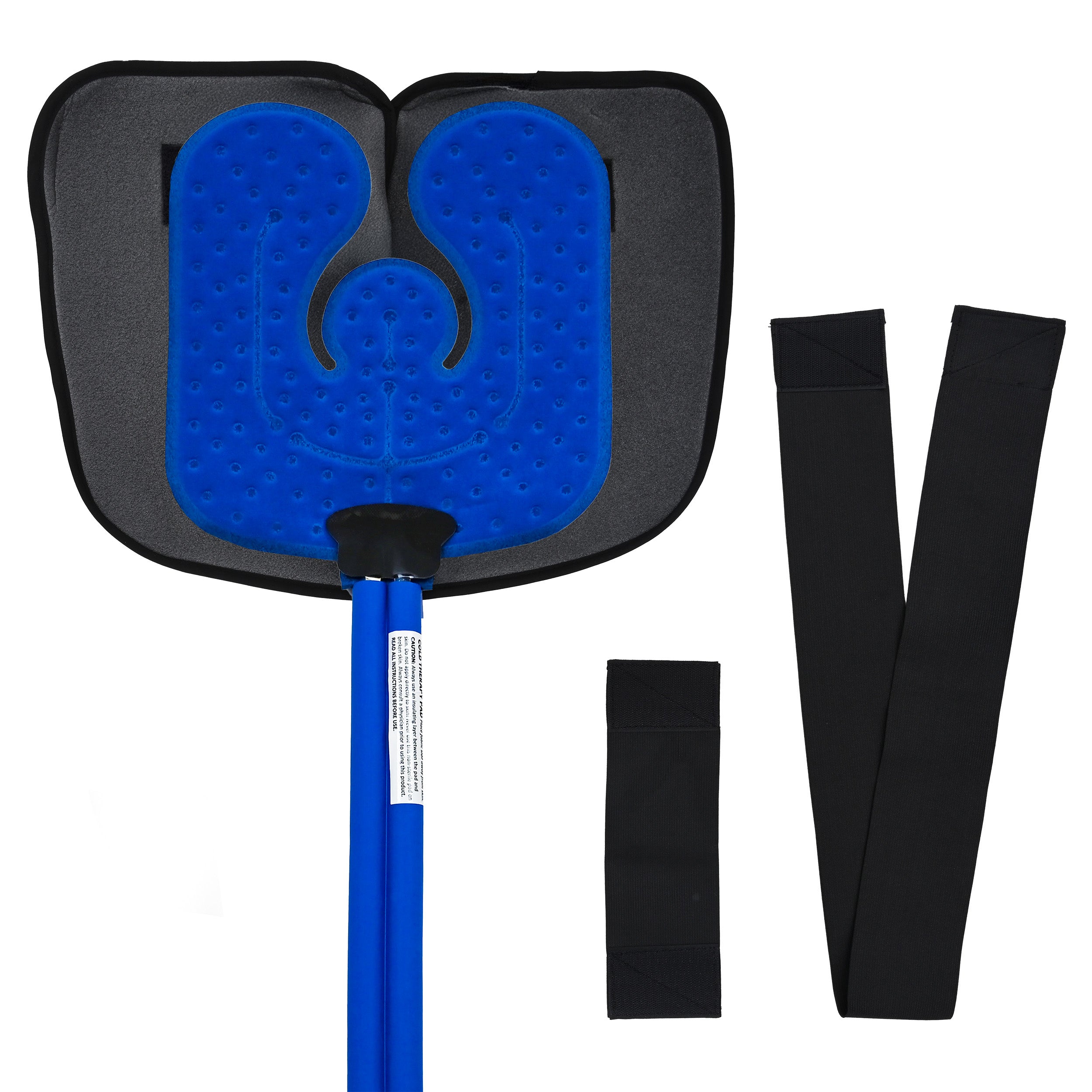 Blue universal u therapy pad on top a black knee compression wrap and detached elastic and velcro straps on a white background