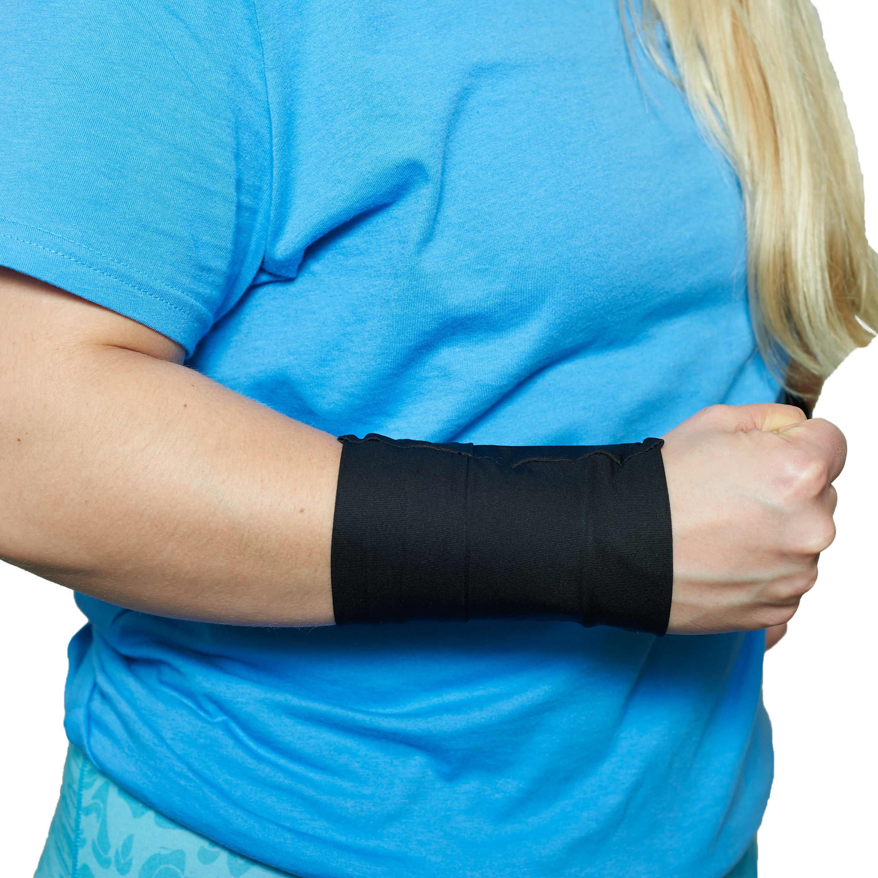 Person with a blue shirt holding our forearm with a black cooling wrist wrap.