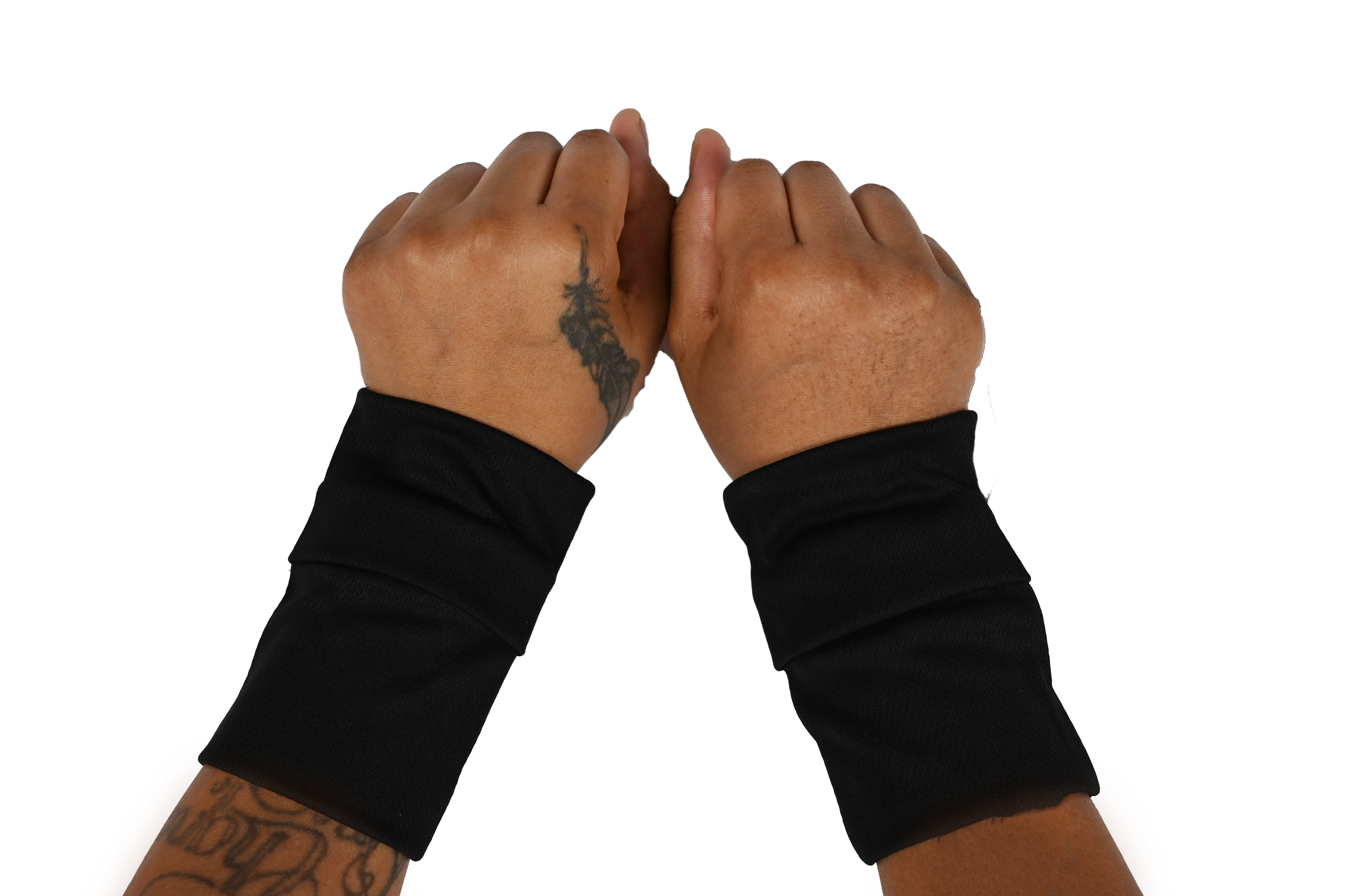 Two hands wearing black cooling wrist wraps on a white background
