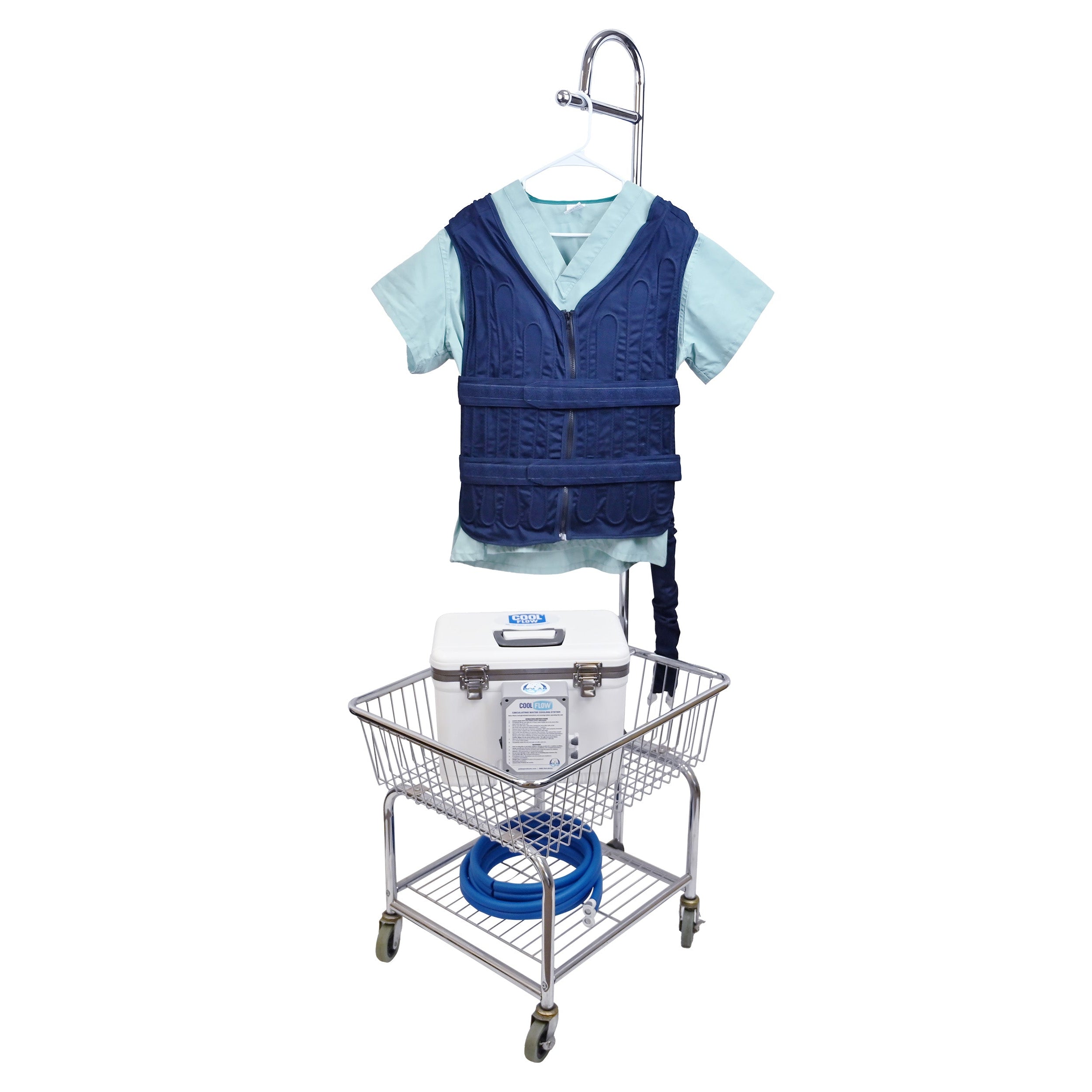 Wheeled Basket Cart holding a Cool Flow OR® circulating cold water system with the detached tubing on the bottom rack. A scrub shirt is hanging from the hanger with the Adjustable Cooling Cool Flow Vest on top of it.