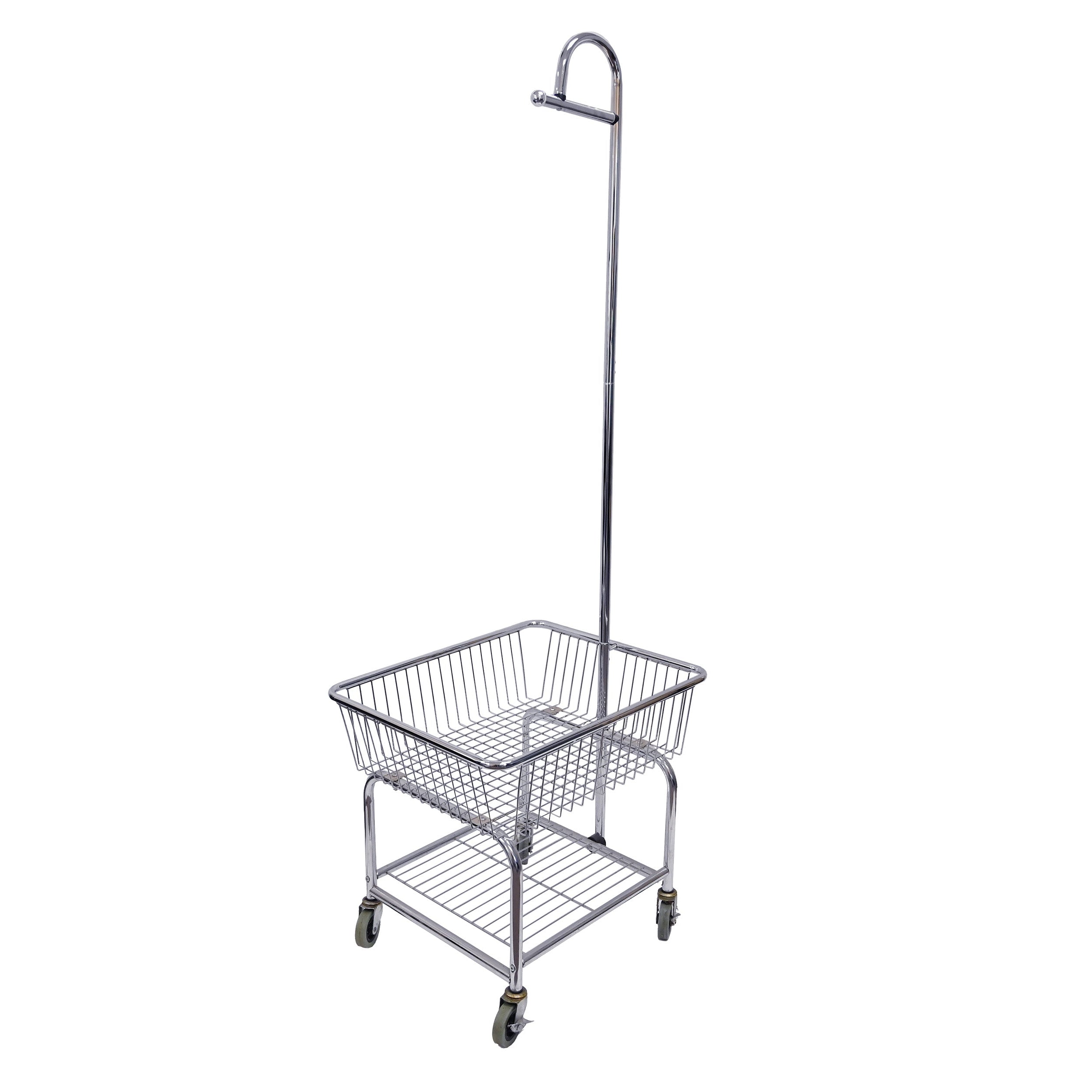 A silver metal utility cart with a tall handle, a wire basket, and a lower shelf on wheels, shown against a plain white background.