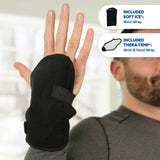A man wearing a black wrist and hand Soft Ice® wrist wrap with a hook-and-loop strap, shown against a softly blurred indoor background. Two callout bubbles on the right describe included accessories: a soft ice wrist wrap in black and a Thera-Temp wrist and hand wrap in light gray.