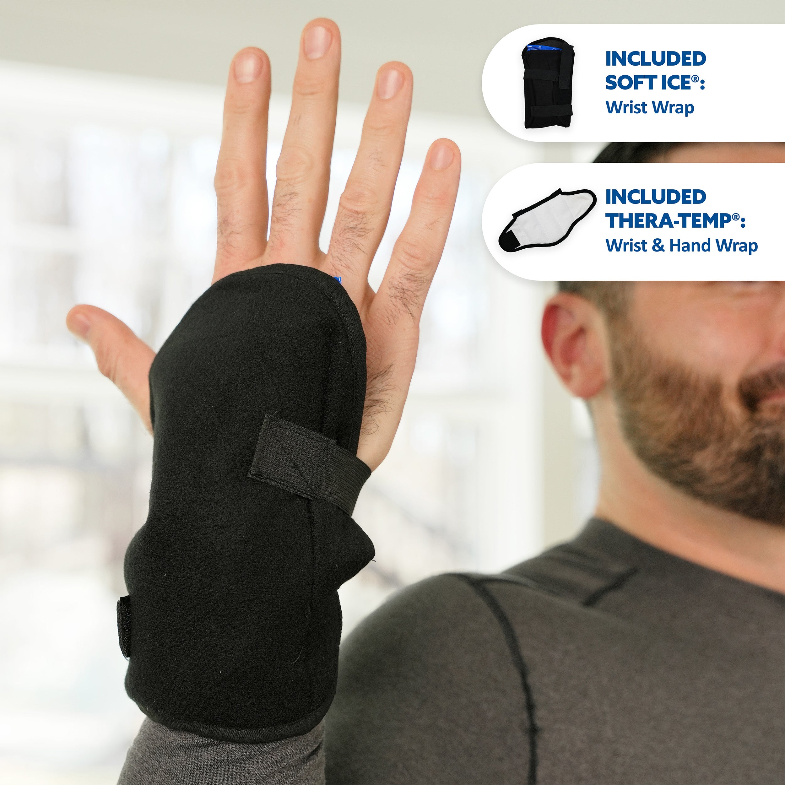 A man wearing a black wrist and hand Soft Ice® wrist wrap with a hook-and-loop strap, shown against a softly blurred indoor background. Two callout bubbles on the right describe included accessories: a soft ice wrist wrap in black and a Thera-Temp wrist and hand wrap in light gray.