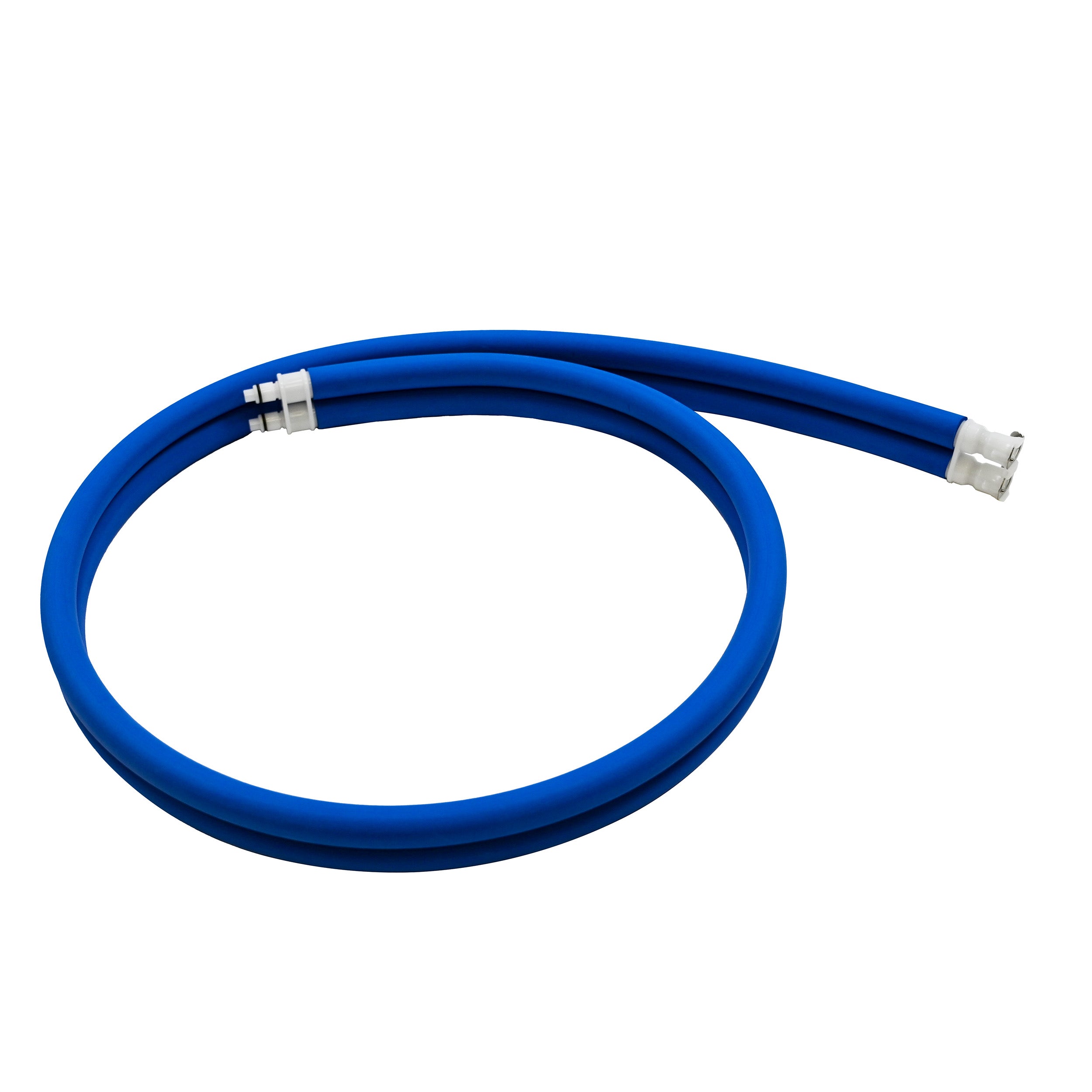 Blue hose with silver connectors on a white background