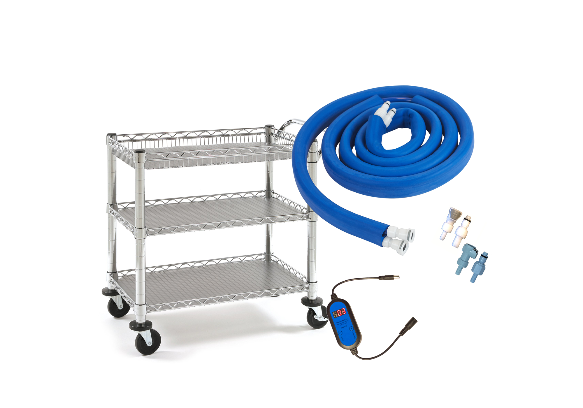 Metal shelving unit with a blue hose and Cool Flow circulating water cooling accessories on a white background