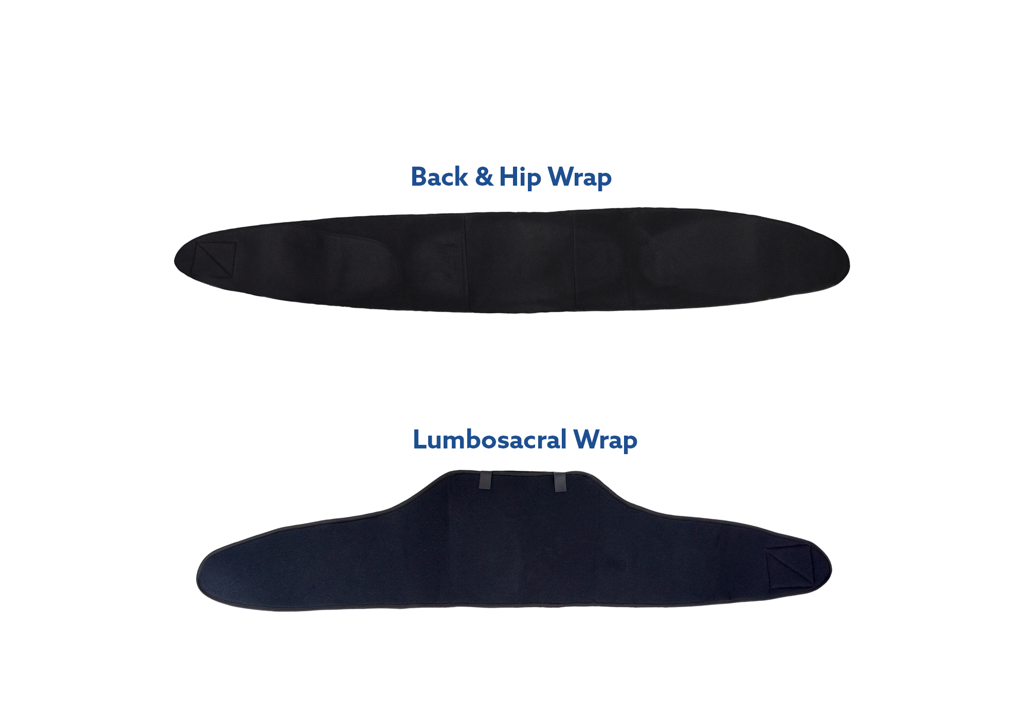 Two black Soft Ice® wraps for the lower back or hip shown on a white background: a Back & Hip Wrap above and a Lumbosacral Wrap below, with blue text labels.