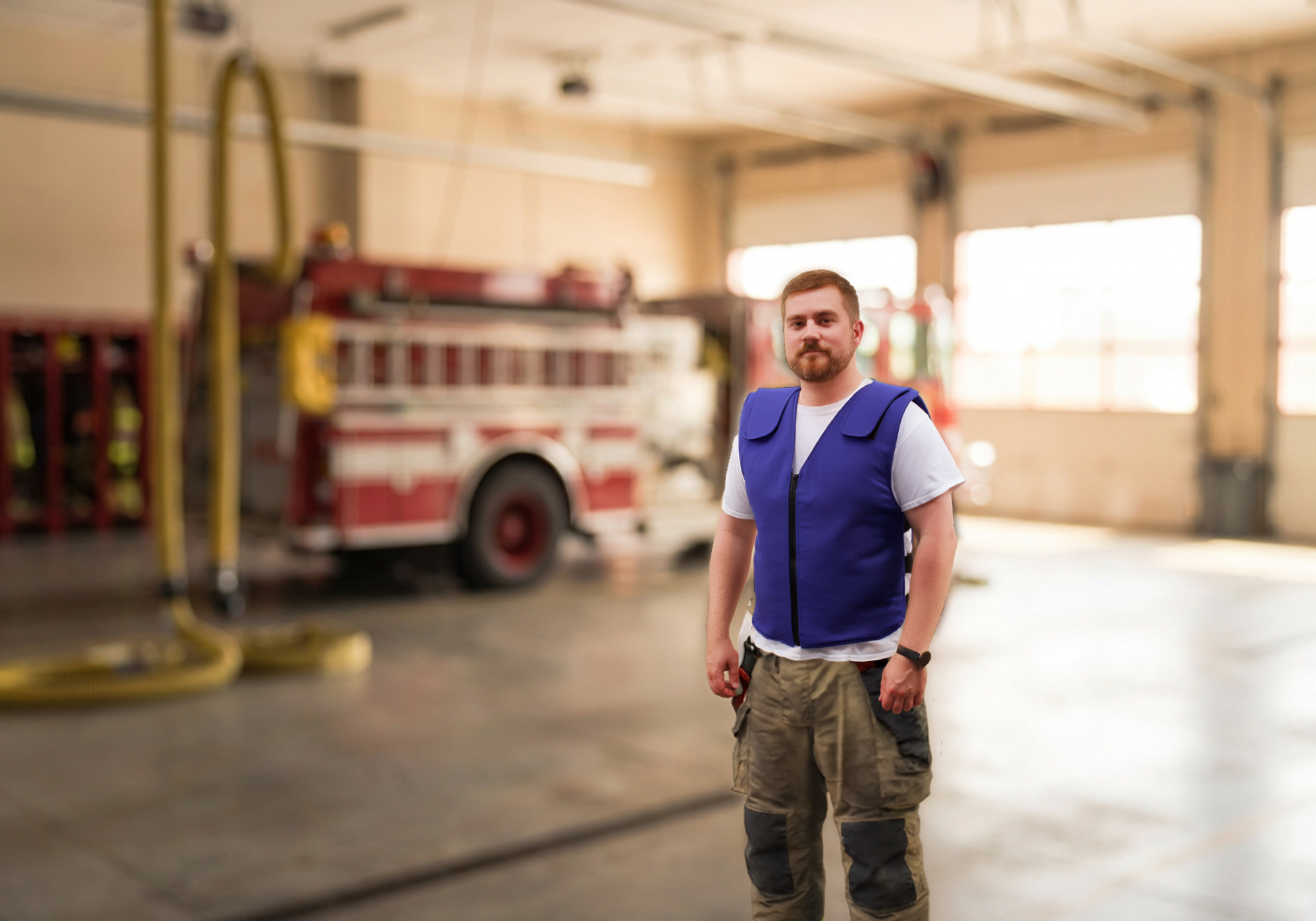 Man standing in a garage with a fire truck in the background wearing a blue flame-resistant adjustable cooling vest