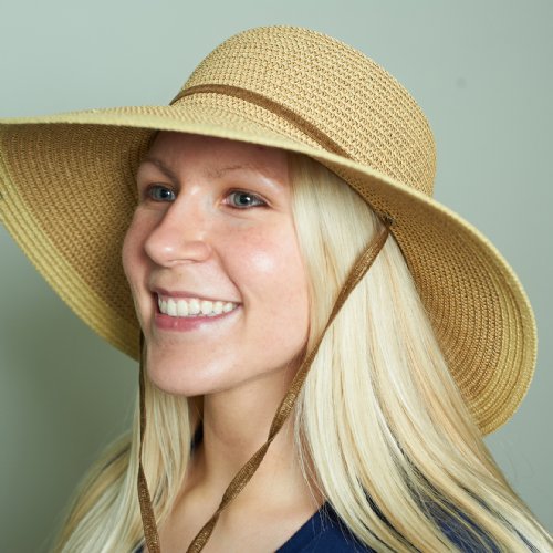 Woman wearing a Cool Comfort® straw hat against a plain background