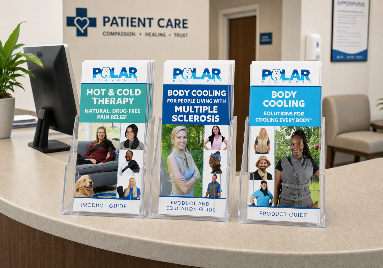 Three POLAR product guide brochures are displayed on clear stands on a reception desk in a clinic setting. The background shows a reception counter, a wall sign reading 'PATIENT CARE,' and office furnishings.