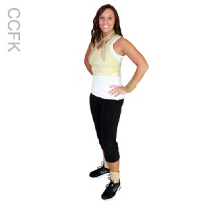 Woman wearing a sleeveless top and black pants and Cool Comfort® Fit Kit with Hidden Vest, Neck, Wrist & Ankle Wraps on a white background 