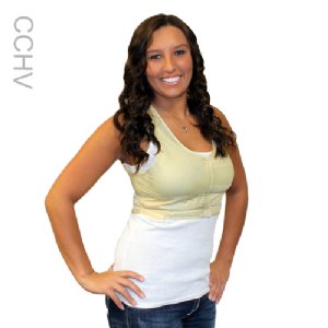 Woman wearing a sleeveless top and black pants and Cool Comfort® Fit Kit with Hidden Vest over a white shirt on a white background