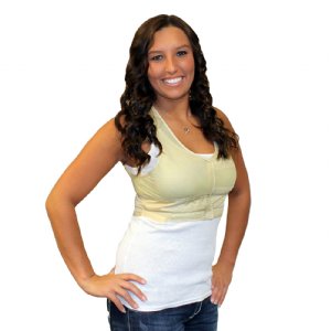 Woman wearing a beige Cool Comfort® Cooling Hidden Vest over a white shirt on a white background