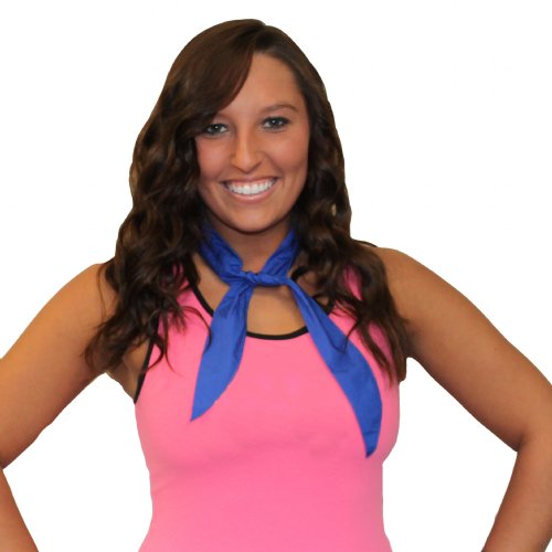 Woman wearing a pink top with a blue cooling neck band around her neck on a white background