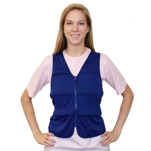 Woman wearing a blue Cool Comfort® Performance Cooling Vest over a pink shirt on a white background