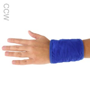Hand wearing a blue Cool Comfort® Wrist Wrap on a white background