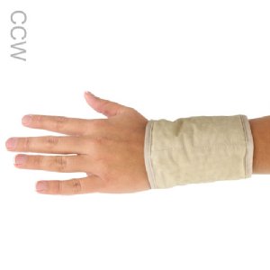 Hand wearing a beige Cool Comfort® Wrist Wrap on a white background