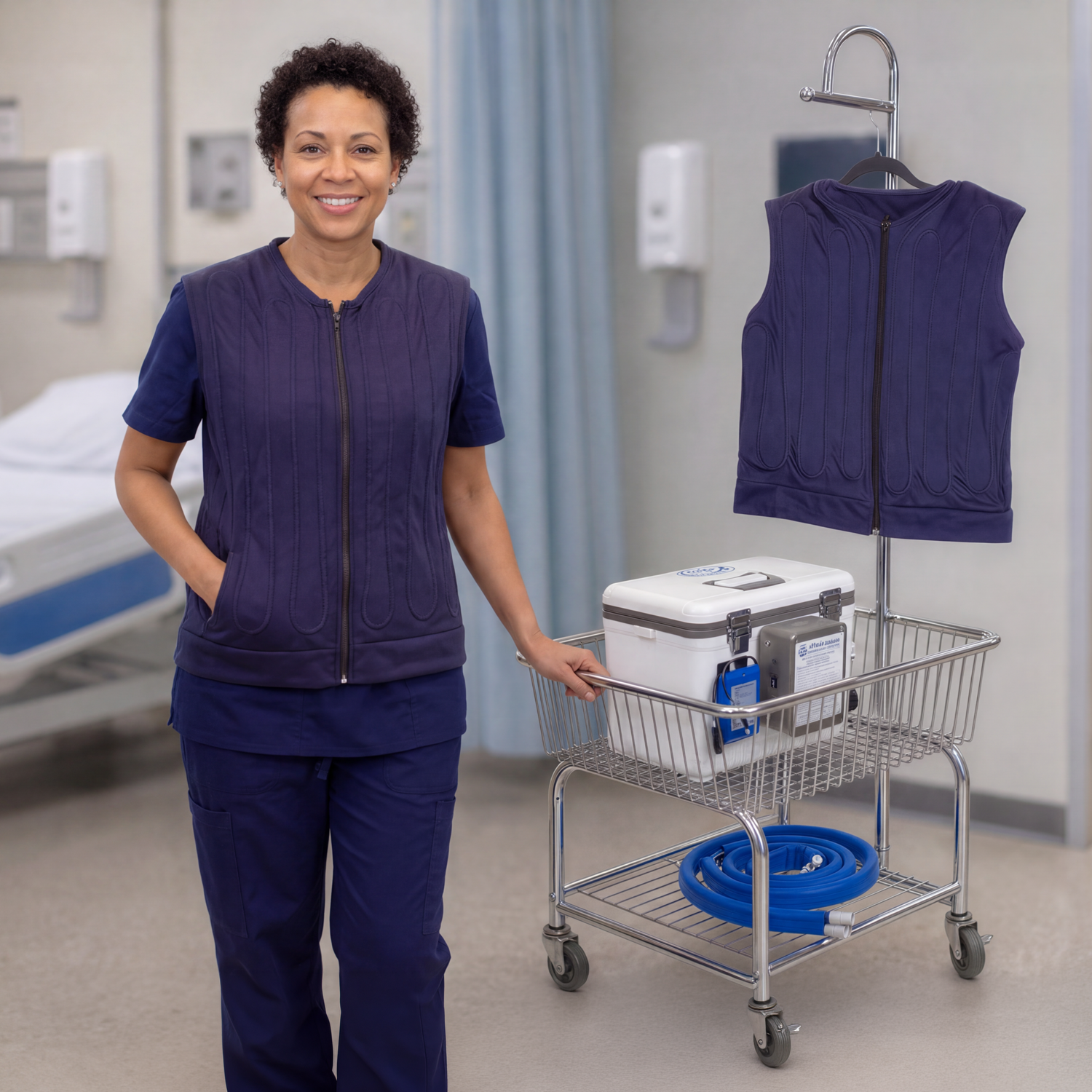 A smiling nurse in navy blue fitted circulating cooling vest and pants stands in a hospital room next to a metal utility cart holding a cool flow® cooling reservoir and tubing, with a navy blue zip-front circulating cooling vest hanging on a stand.