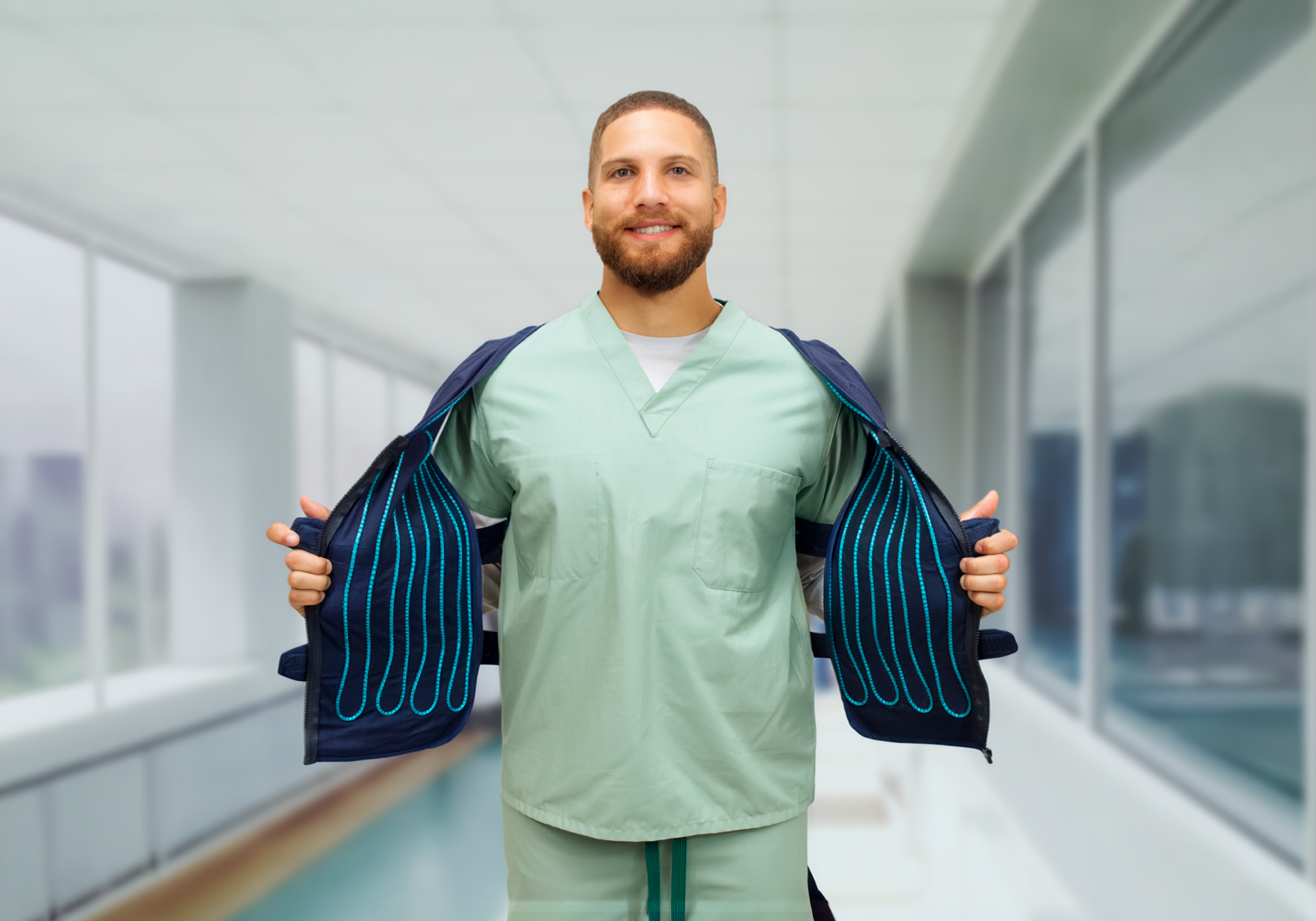 Man in green scrubs holding open his cool flow® adjustable circulating cooling vest, exposing the tubing that's sewn-in, in a hospital corridor.
