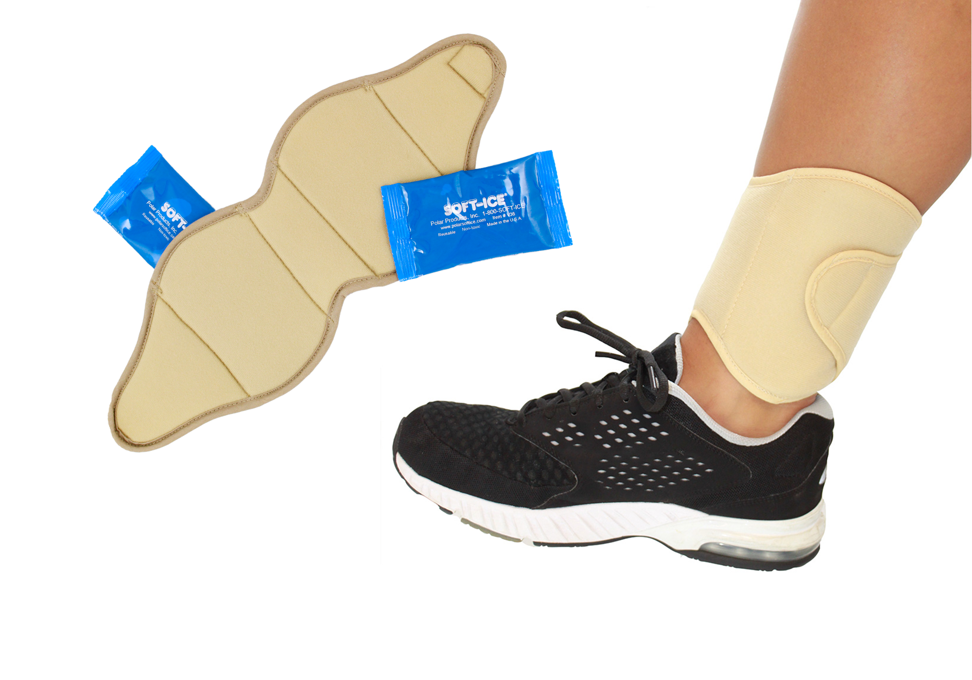 Soft Ice Ankle wrap with packs and shown on ankle