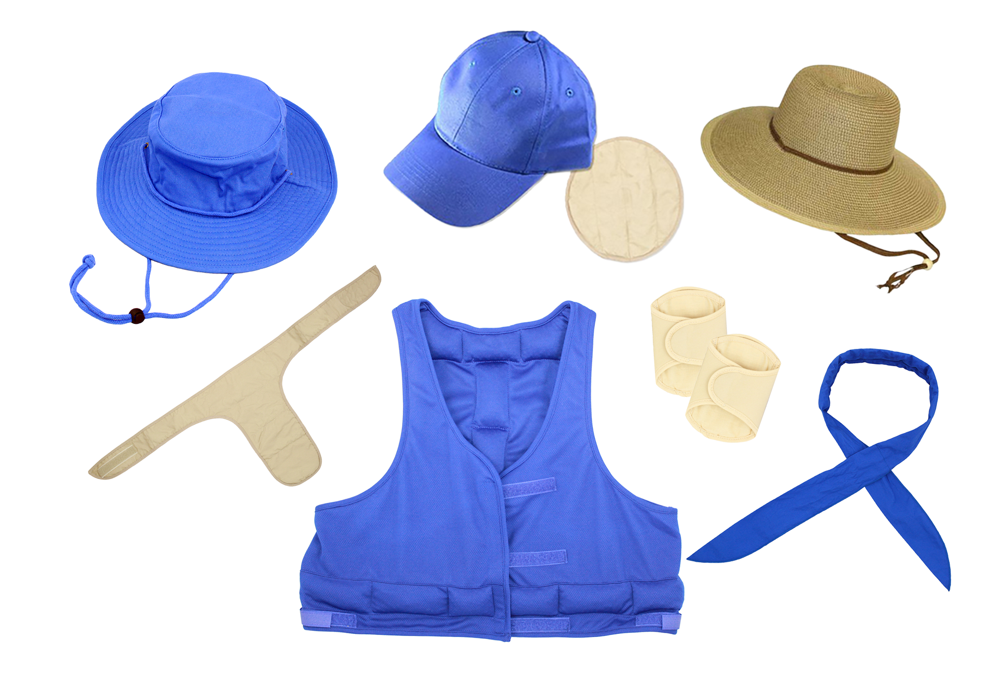 Collection of cooling gear including hats, a vest, and boomerang on a white background