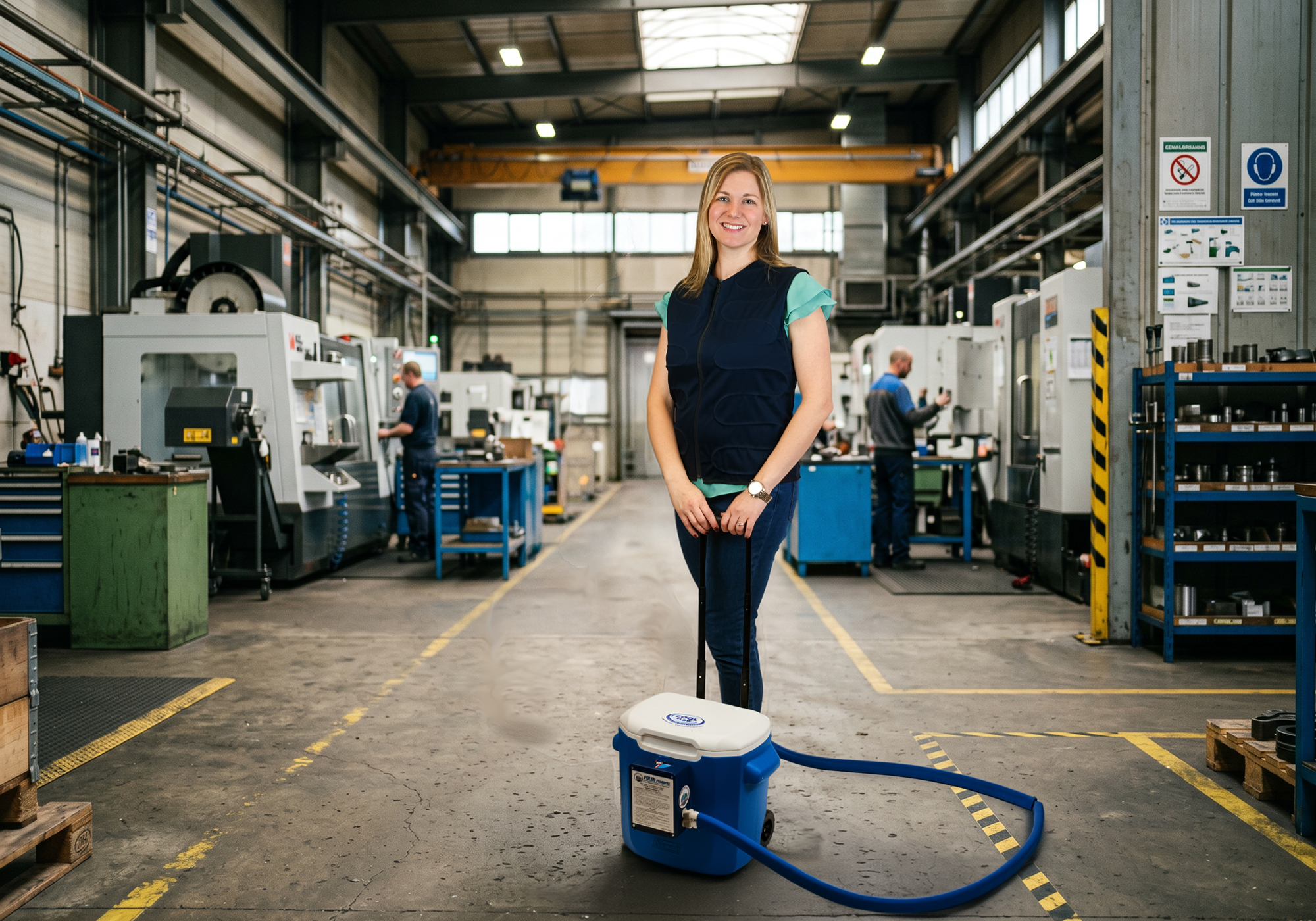 Woman standing in a factory with a cool flow® circulating cooling system with a fitted cool flow® circulating cooling vest, surrounded by industrial equipment.