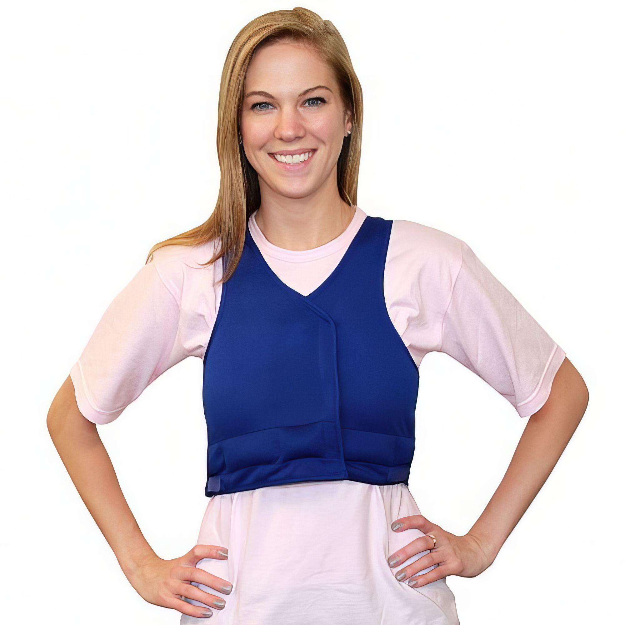 Woman wearing a blue evaporative cooling top vest over a light pink t-shirt on a white background.