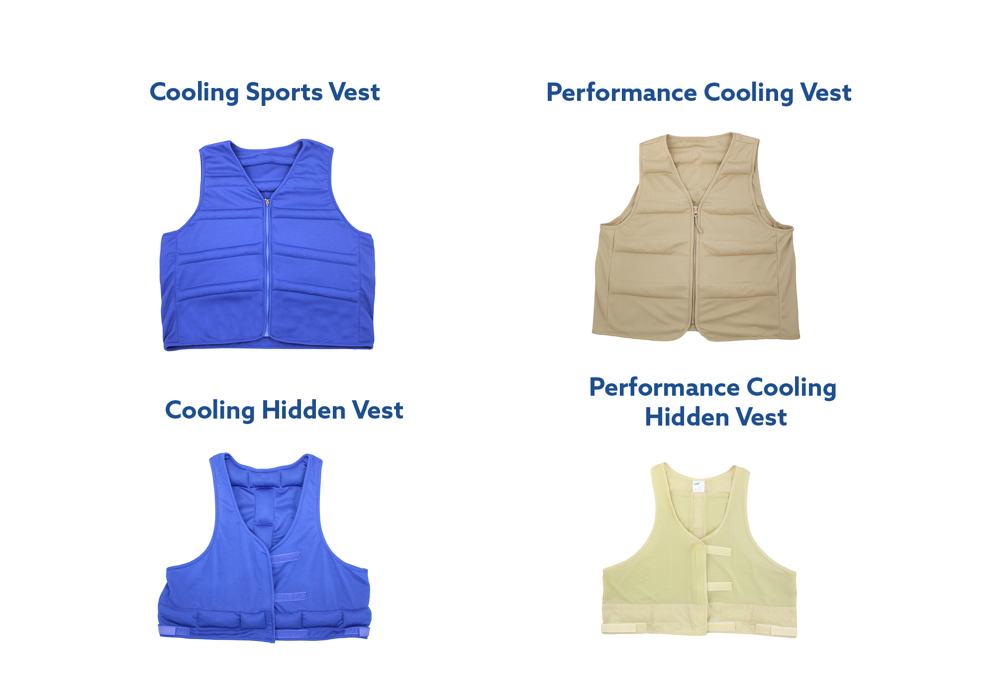 Four different vests labeled 'Cooling Sports Vest', 'Performance Cooling Vest', 'Cooling Hidden Vest', and 'Performance Cooling Hidden Vest' on a white background.