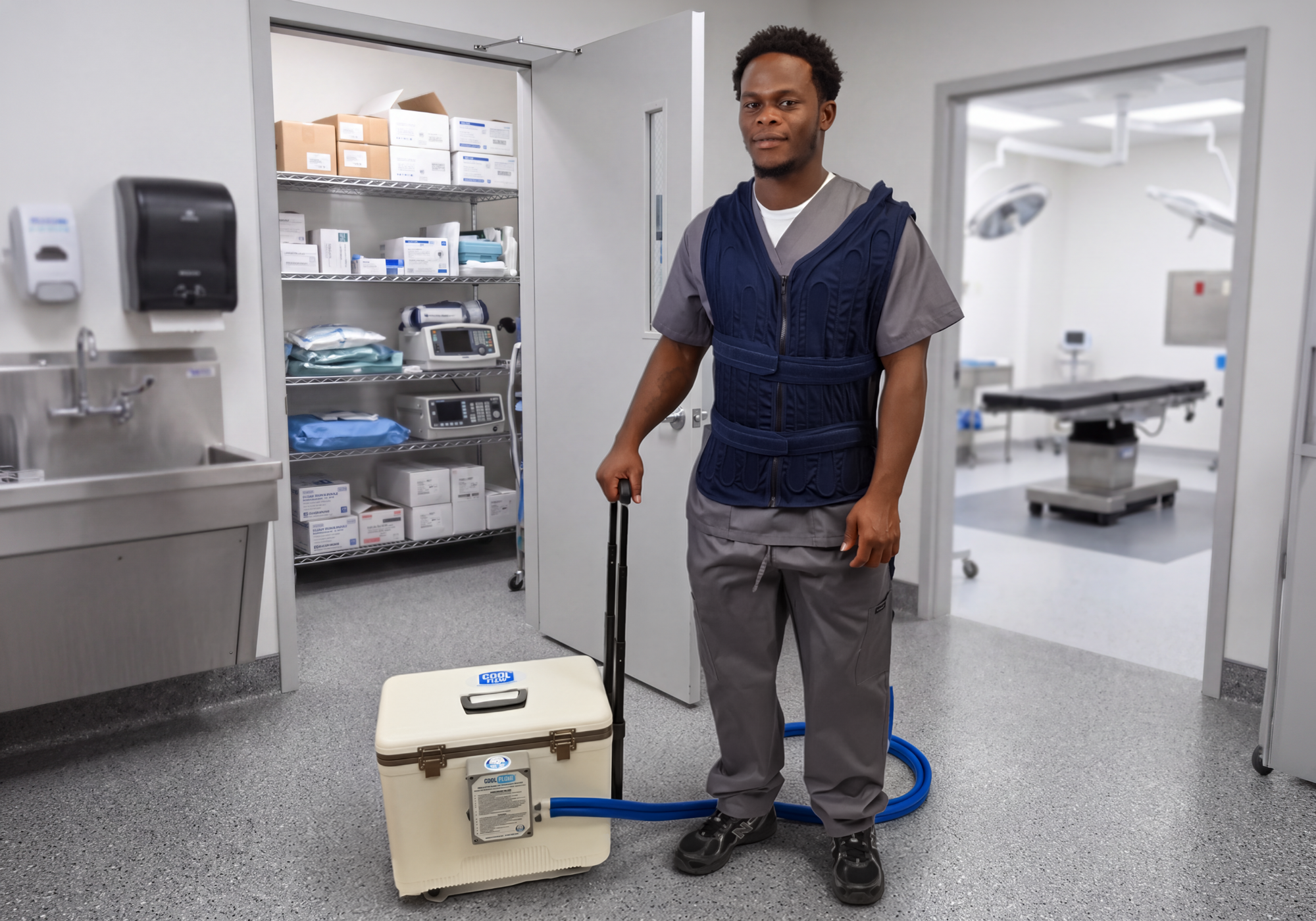 A man in a medical room wearing a navy blue circulating cooling vest over gray scrubs, standing next to a white portable cooling machine connected by a blue hose.