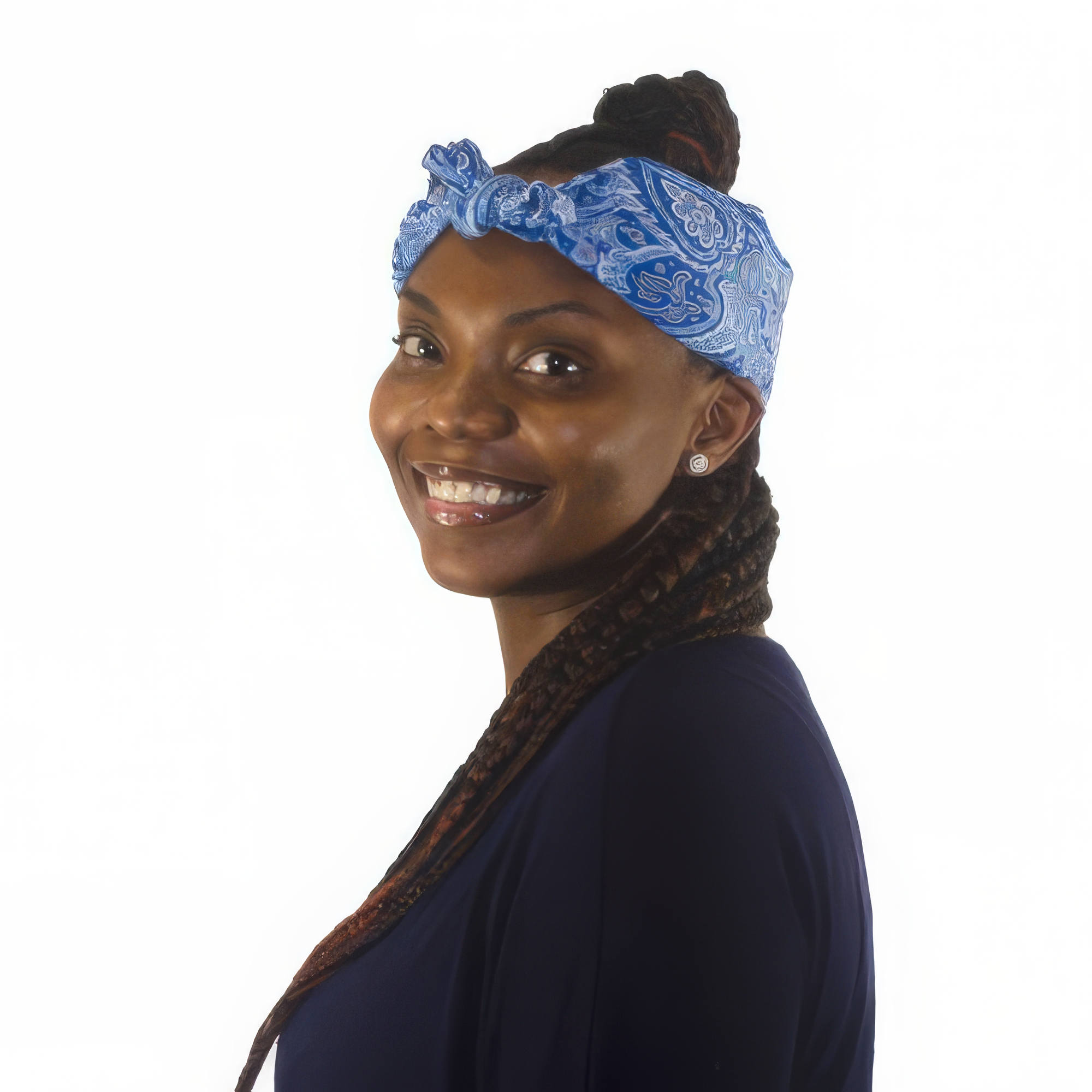 Woman wearing a blue cooling patterned head wrap on a white background