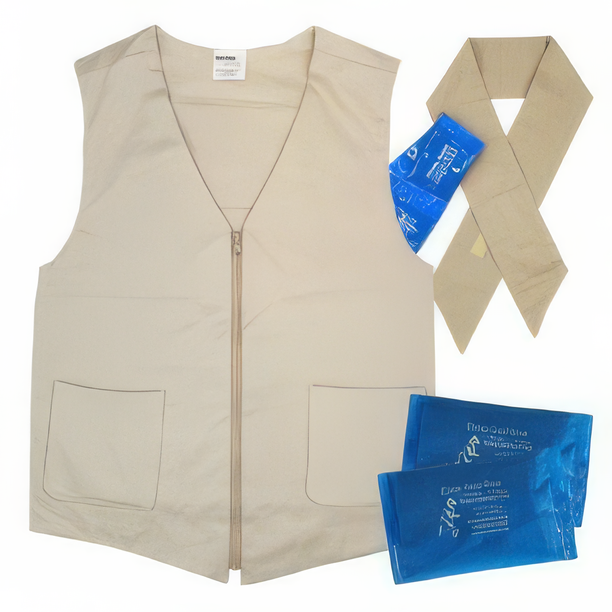 Beige fashion cooling vest with blue kool max® cooling packs and a beige deluxe cooling neck wrap on a white background