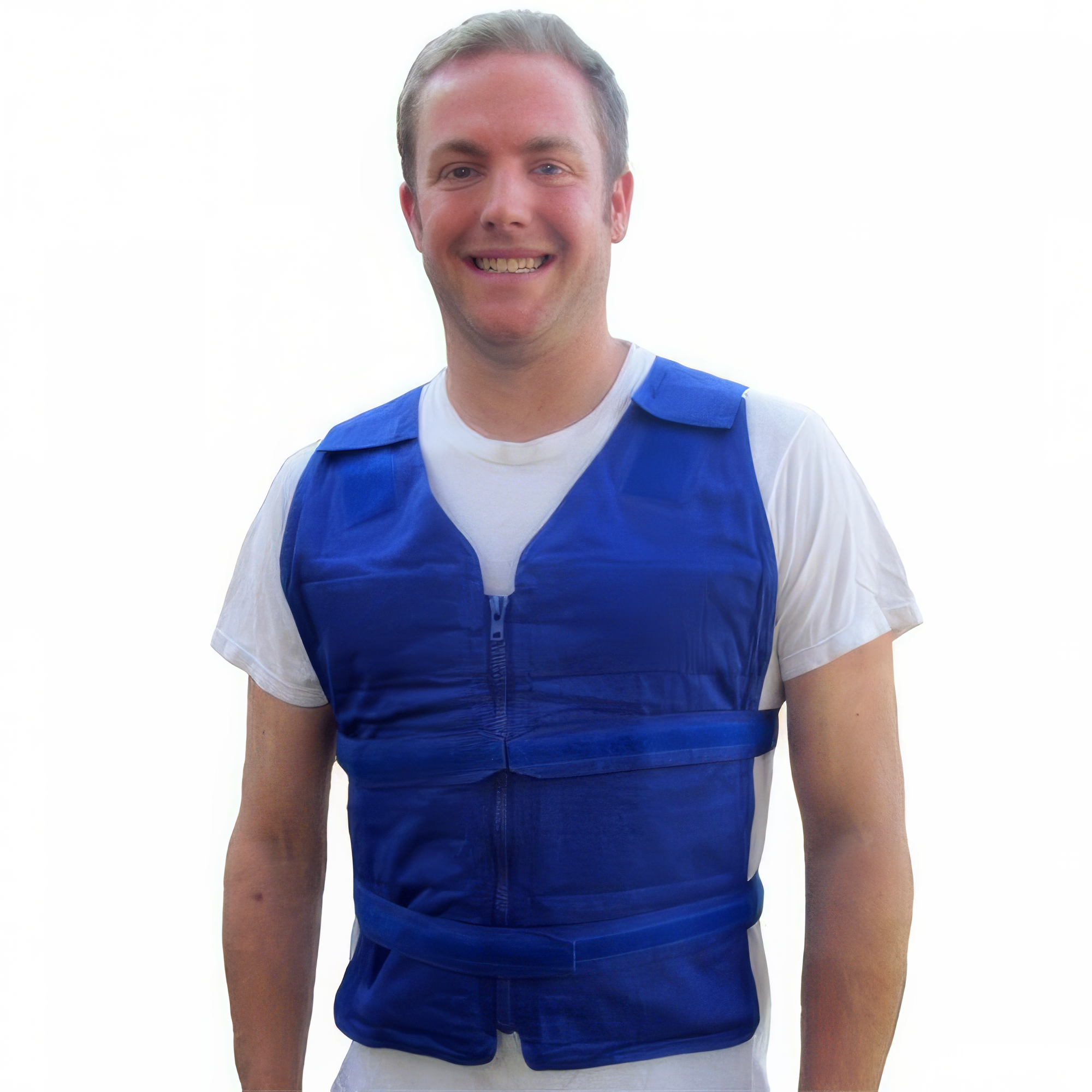 Man wearing a blue adjustable cooling vest over a white t-shirt on a white background