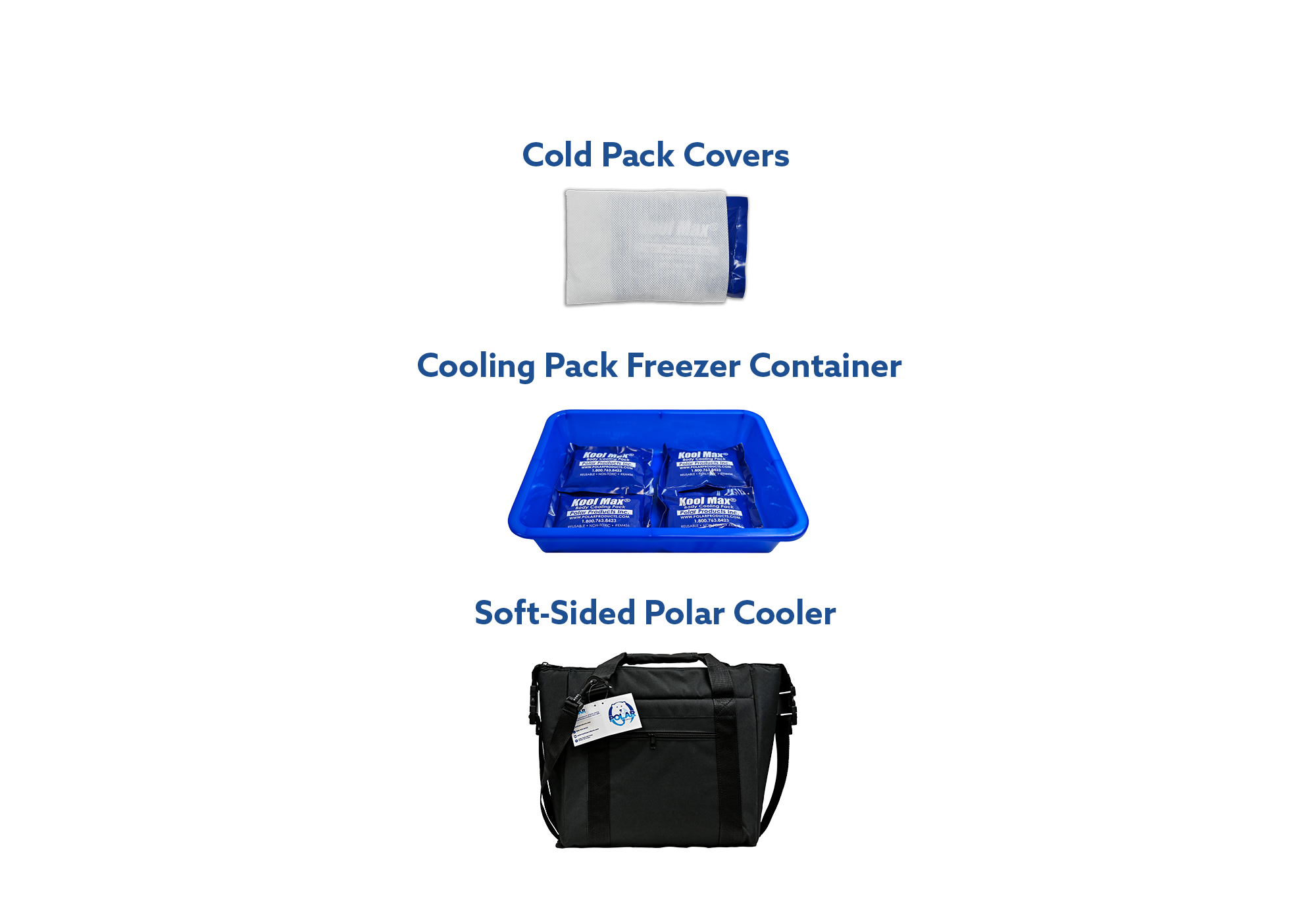 Collection of cold storage products including a cooling pack freezer container, soft-sided polar cooler, and cold pack covers on a white background.