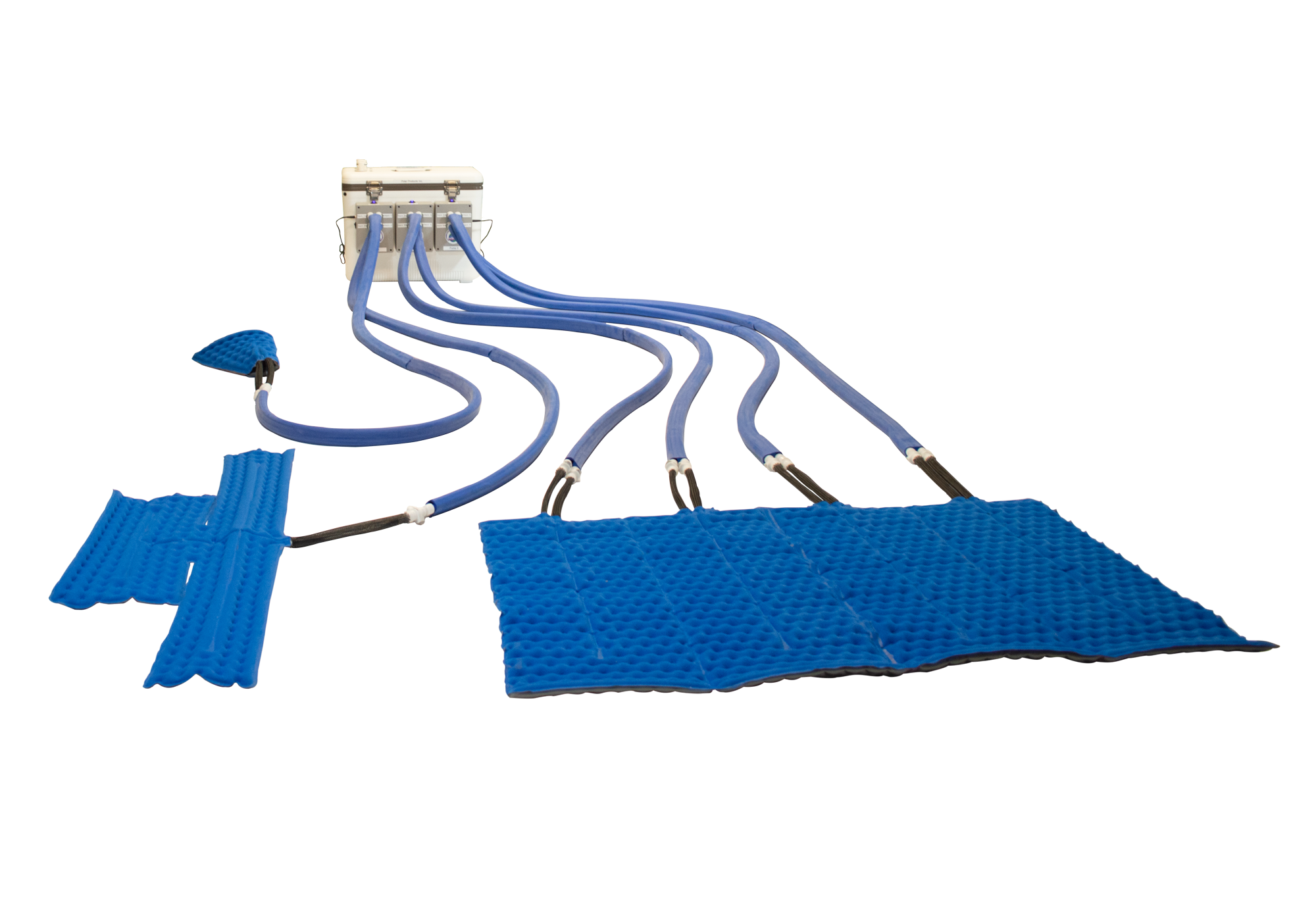 A white custom cool flow® unite with multiple different size therapy pads attached with blue tubing, shown on a plain white background.