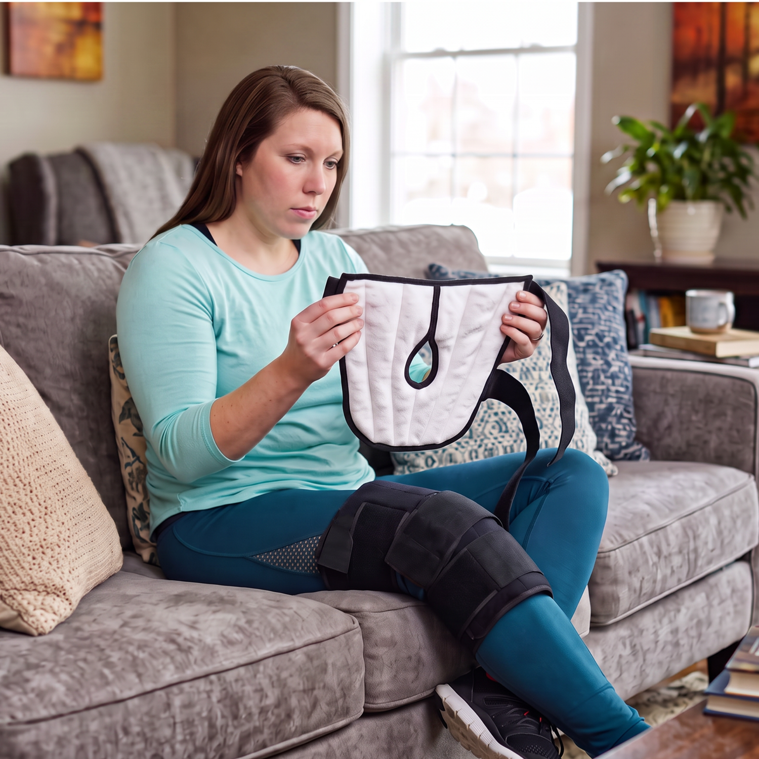 A woman sits on a gray couch in a living room, holding a white and black moist heat knee wrap while wearing a matching black soft ice® wrap on her right leg.